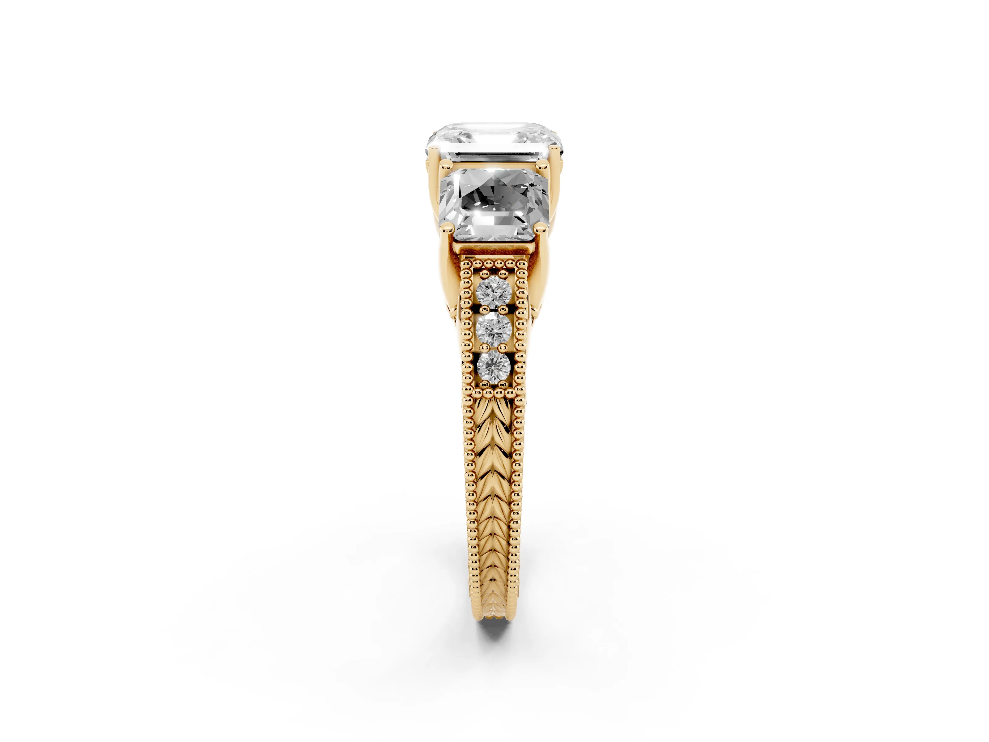 Asscher Cut Diamond Three-Stone Engagement Ring Set in Yellow gold with Milgrain Pavé Band