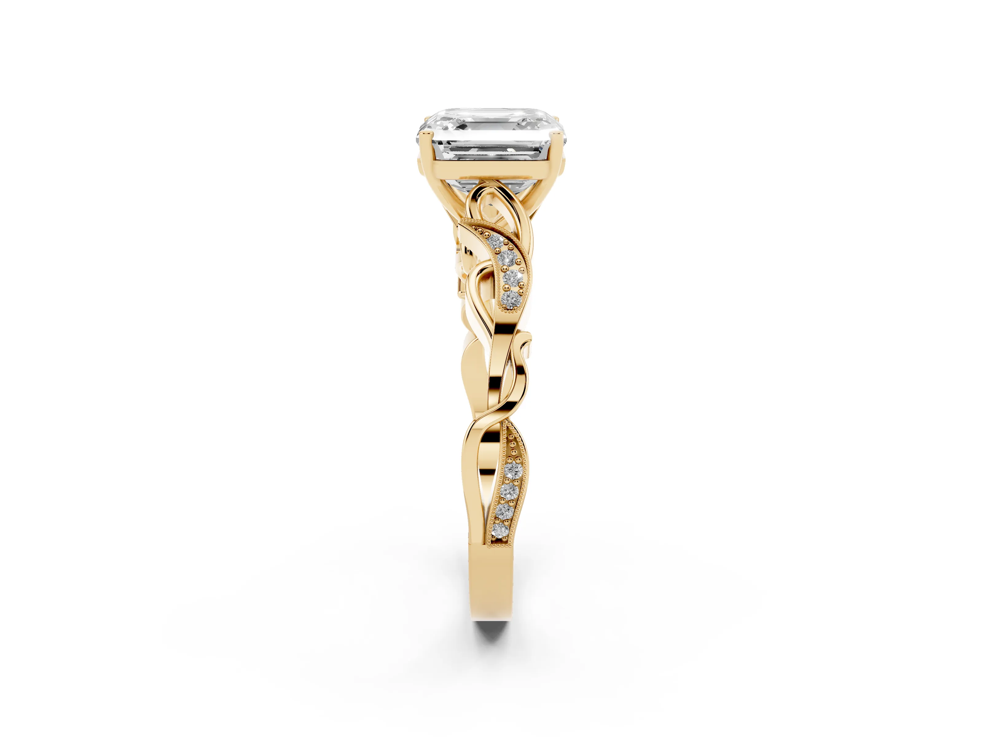 Asscher Cut Diamond Vine Band Solitaire Ring Set in Yellow gold with Milgrain Prong Setting
