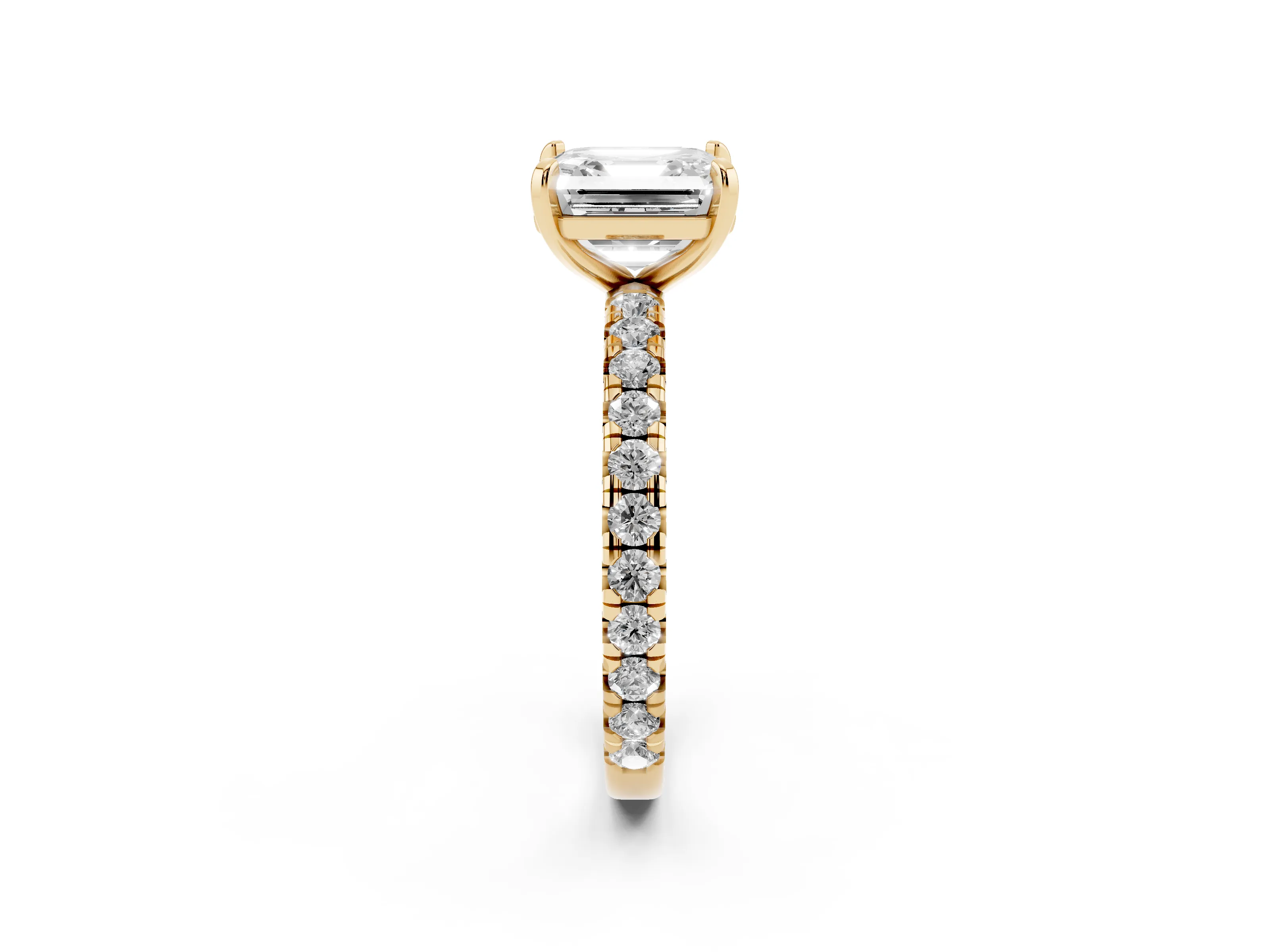 Asscher Cut Diamond Pavé Solitaire Ring Set in Yellow gold with Round Band and Prong Setting