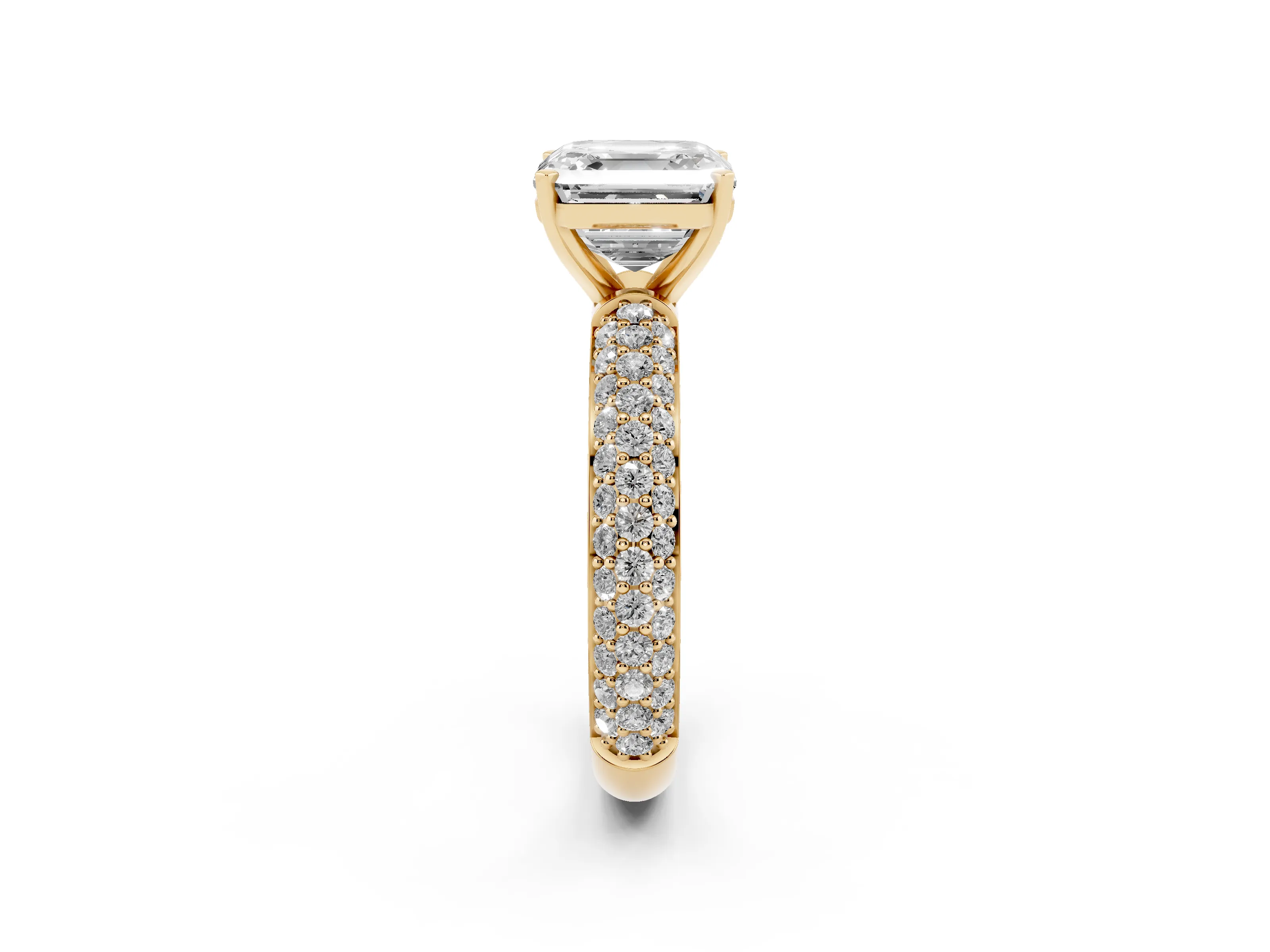 Asscher Cut Diamond Solitaire Ring Set in Yellow gold with Prong Setting and Pavé-Set Band