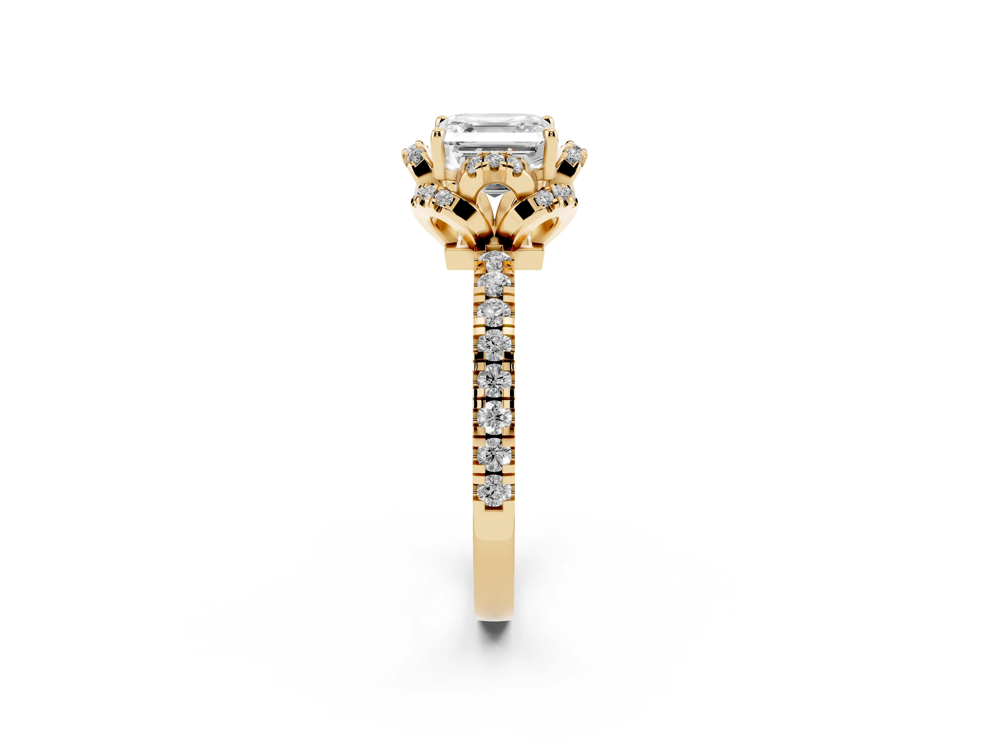 Asscher Cut Diamond Halo Pavé Ring Set in Yellow gold with Prong-Held Center Stone