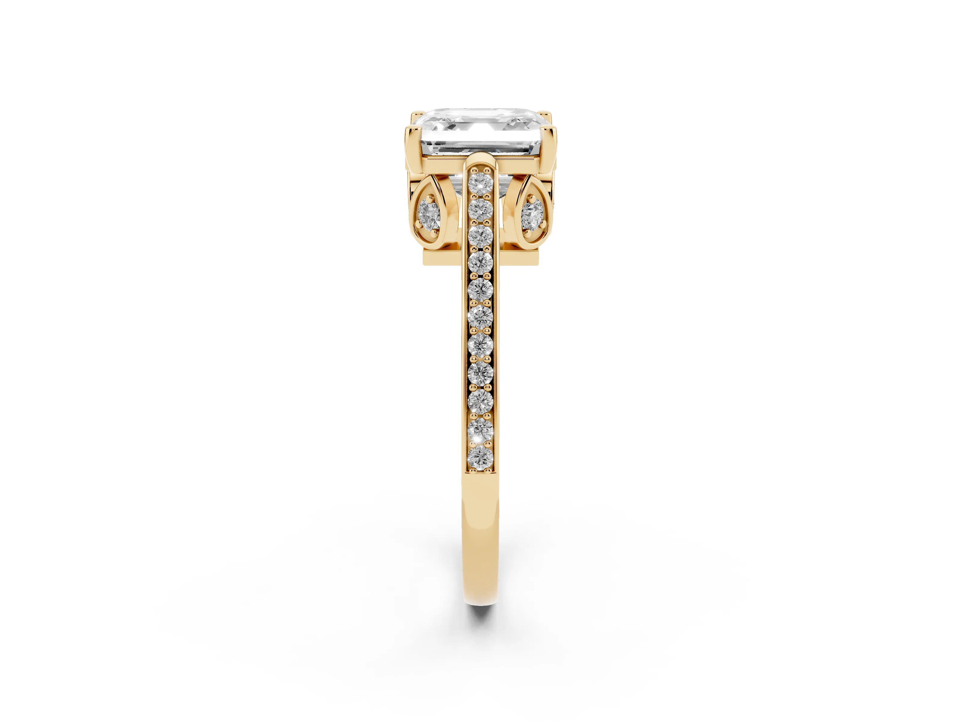 Asscher Cut Diamond Cathedral Pavé Engagement Ring Set in Yellow gold with Prong Setting