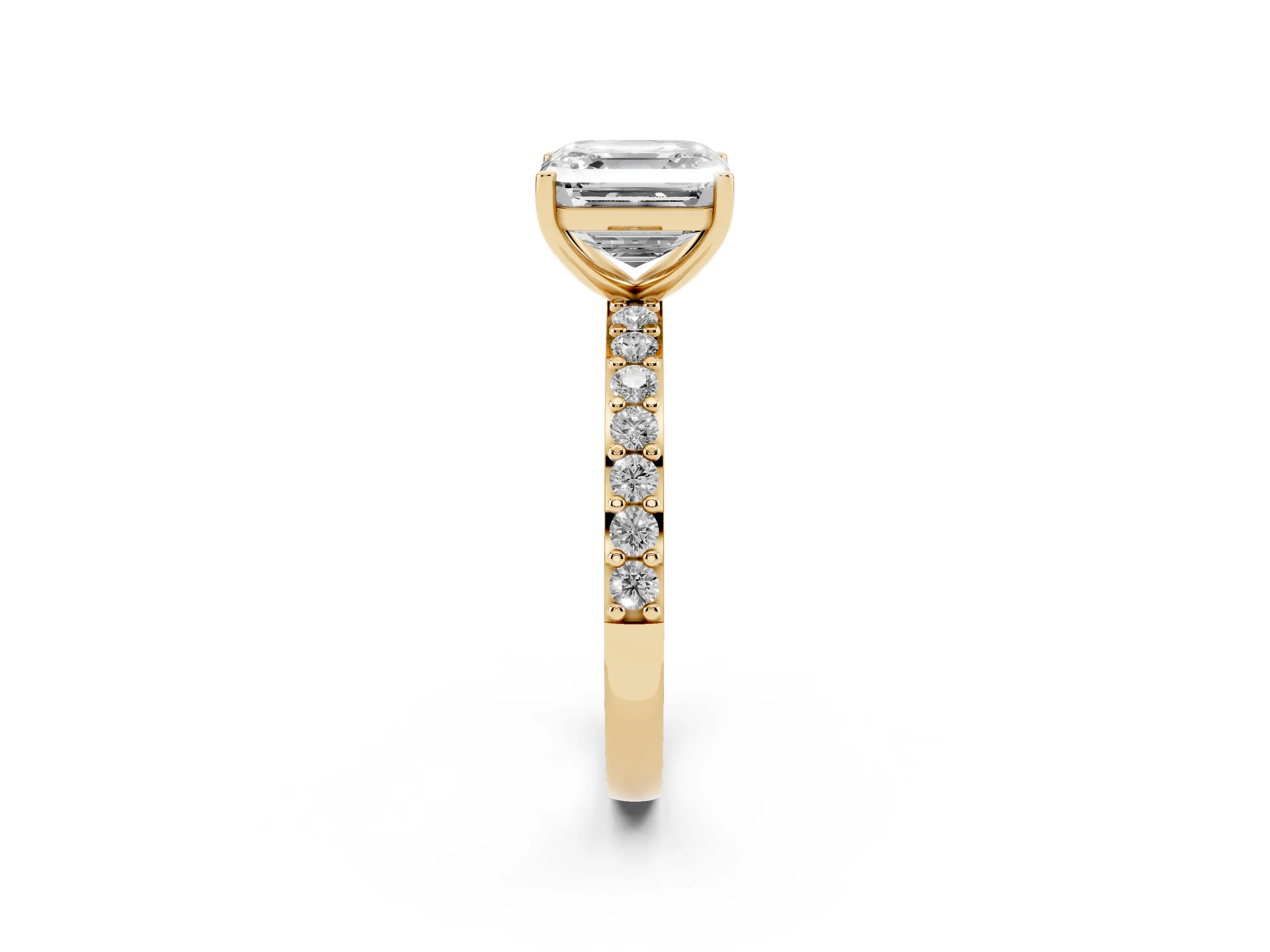 Asscher Cut Diamond Solitaire Set in Yellow gold with Round Pavé Band and Prong Setting