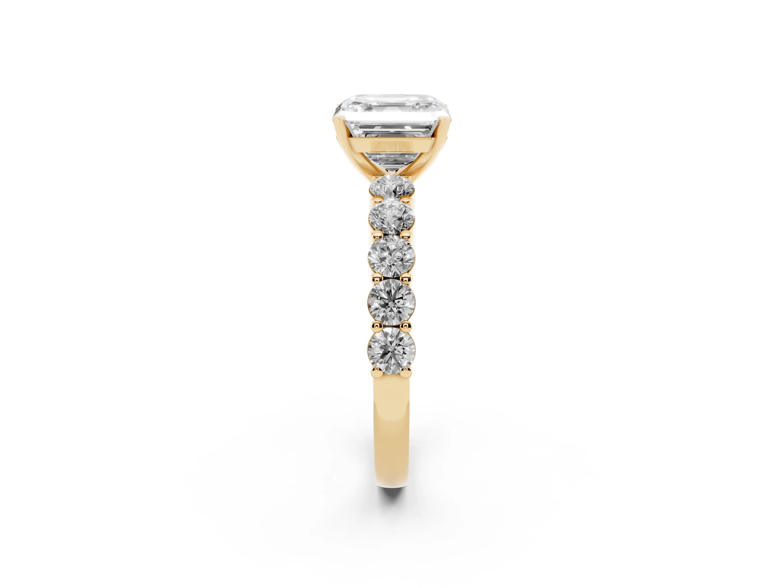 Asscher Cut Diamond Solitaire Ring Set in Yellow gold with Shared Prong Round Side Stones