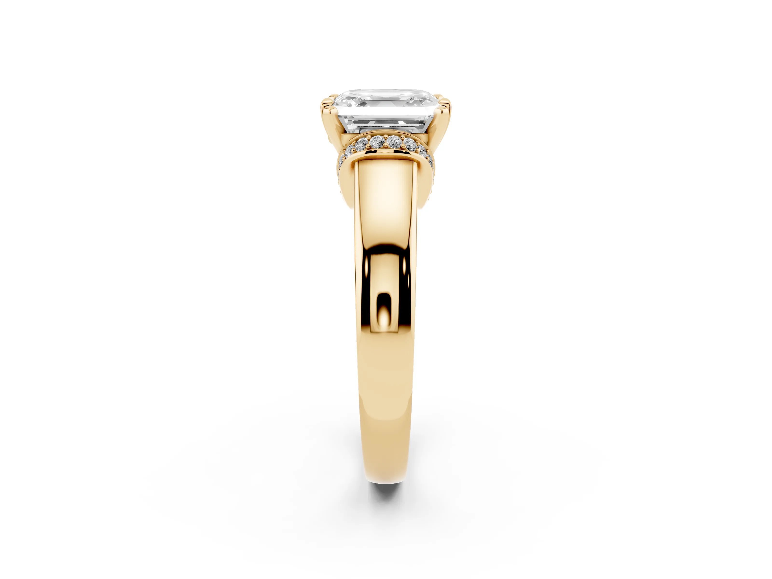 Asscher Cut Diamond Pavé Band Solitaire Ring Set in Yellow gold with Prong Setting