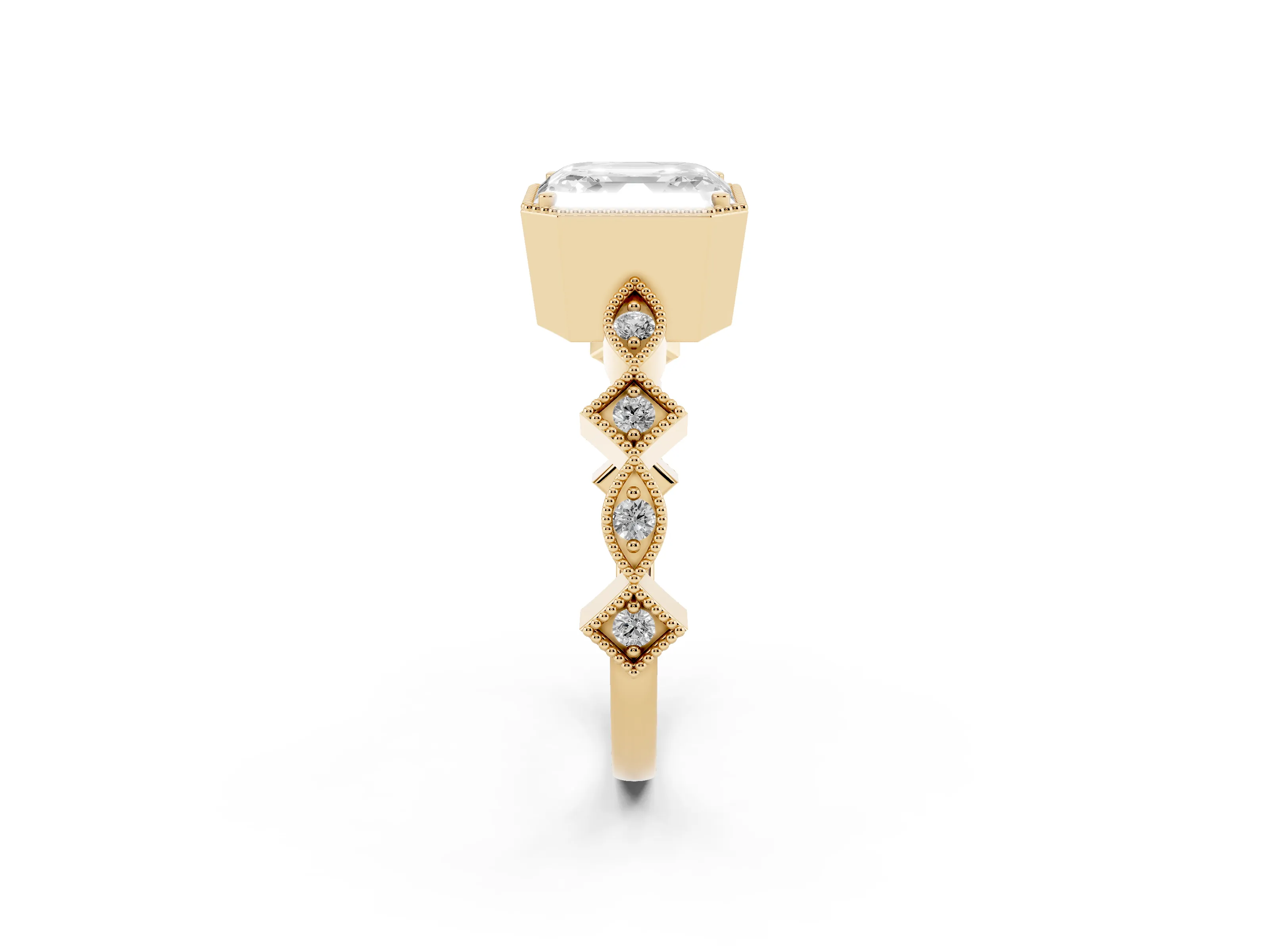 Asscher Cut Diamond Milgrain Marquise Twist Band Ring Set in Yellow gold with Prong Setting