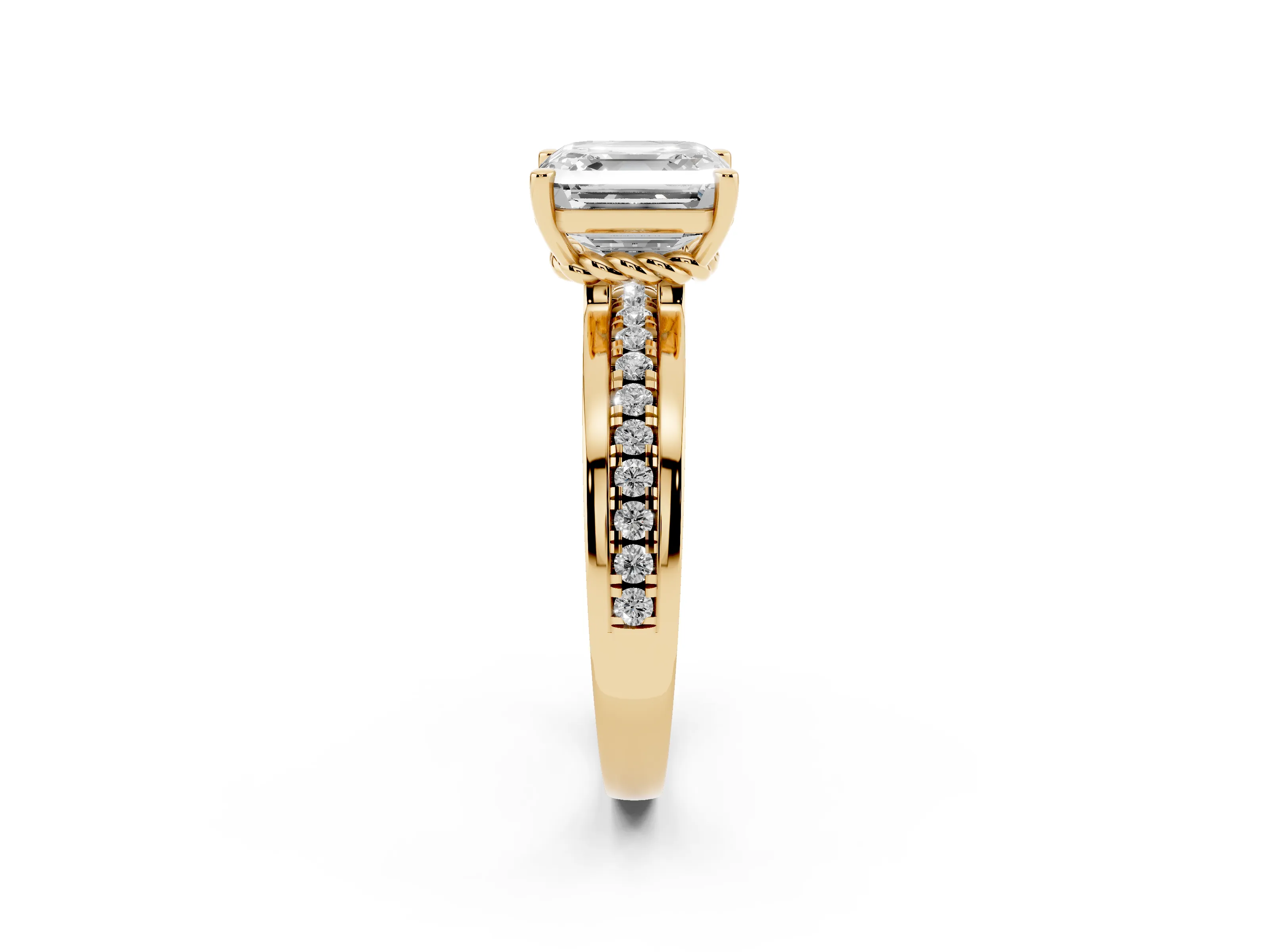 Asscher Cut Diamond Solitaire Ring Set in Yellow gold with Channel Set Band and Prong Setting