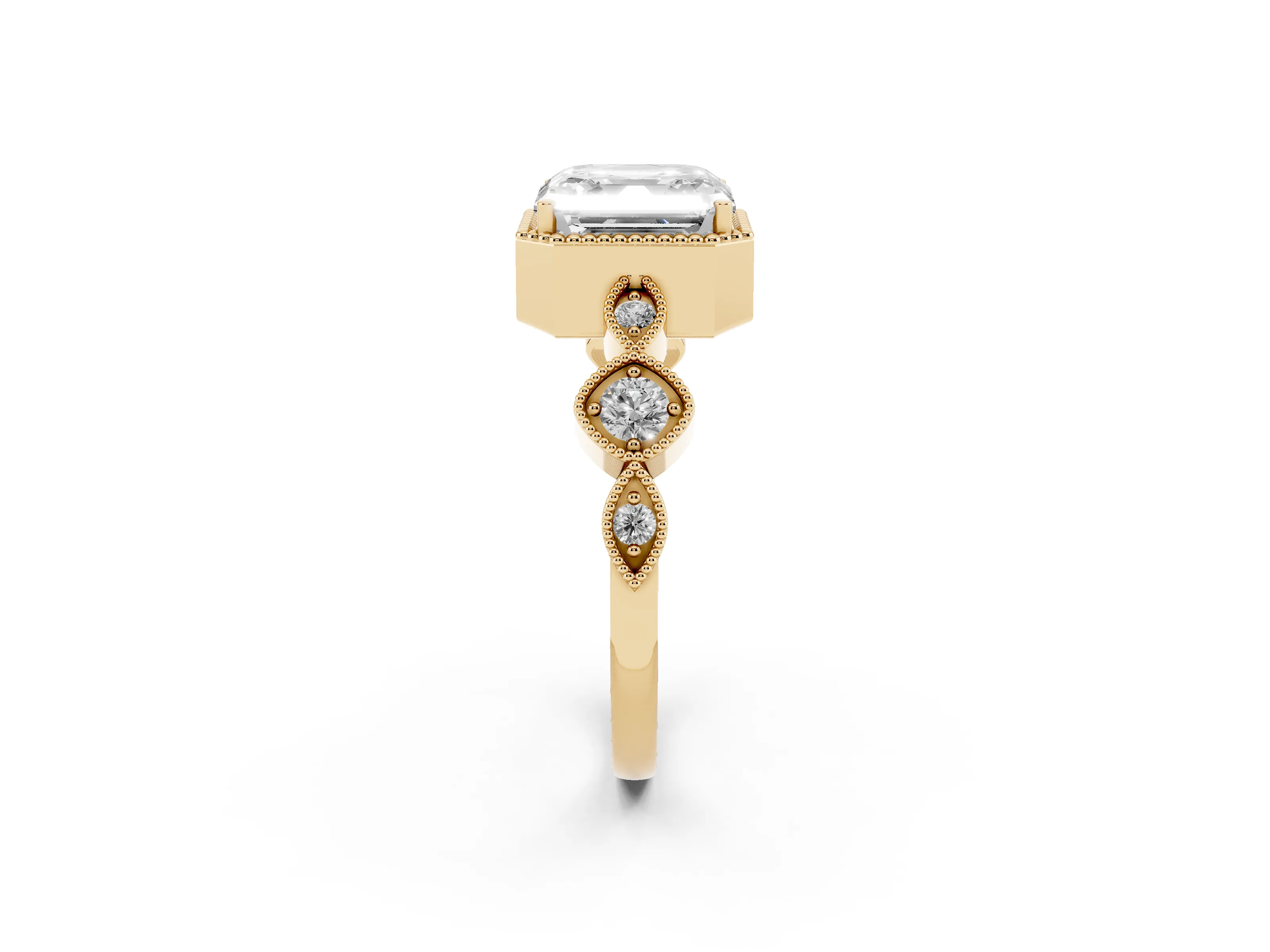 Asscher Cut Diamond Vintage-Inspired Milgrain Ring Set in Yellow gold with Marquise Stations of Round Accents
