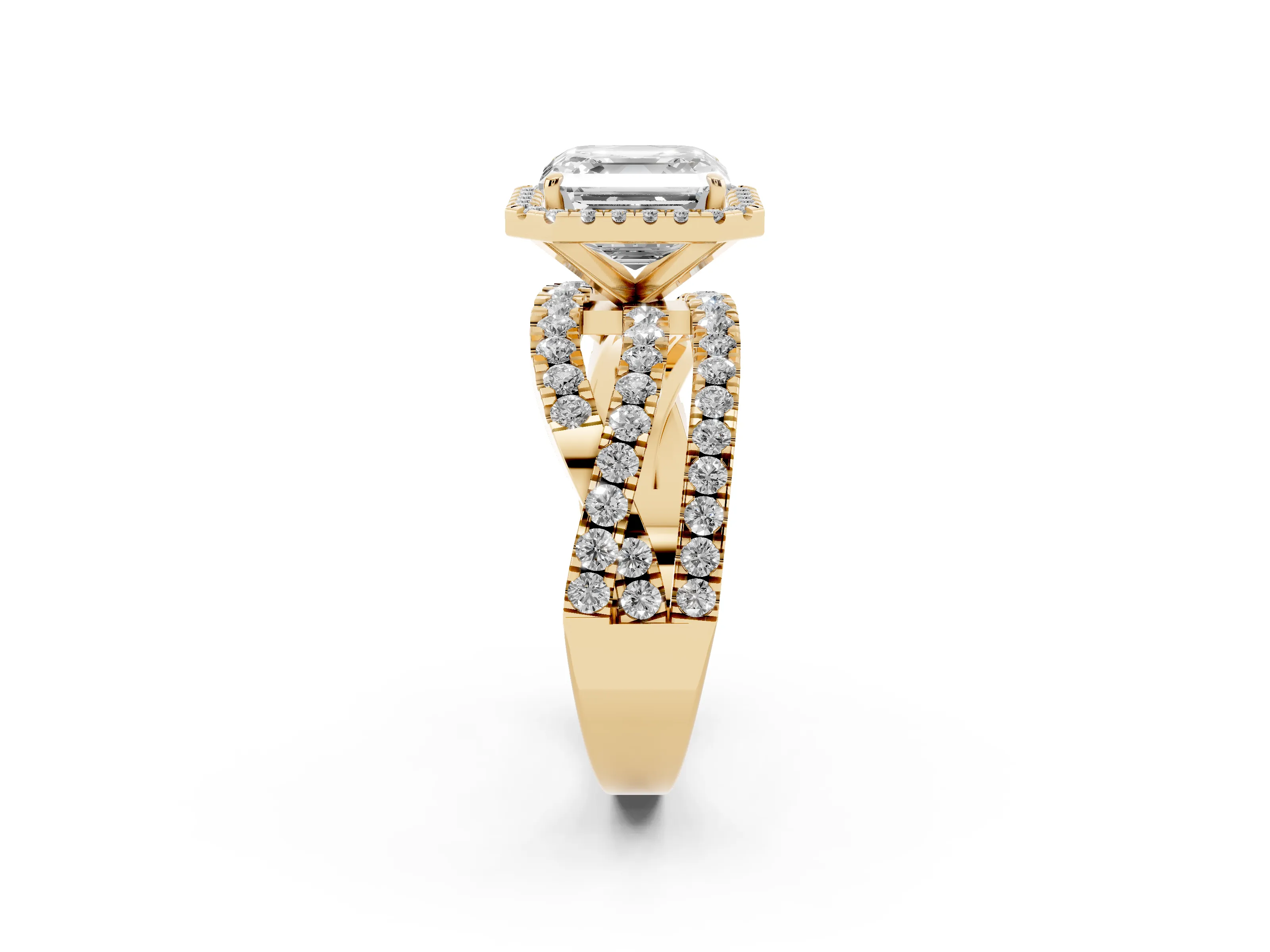 Asscher Cut Diamond Halo Ring Set in Yellow gold with Round Crossover Split Shank and Prong Setting