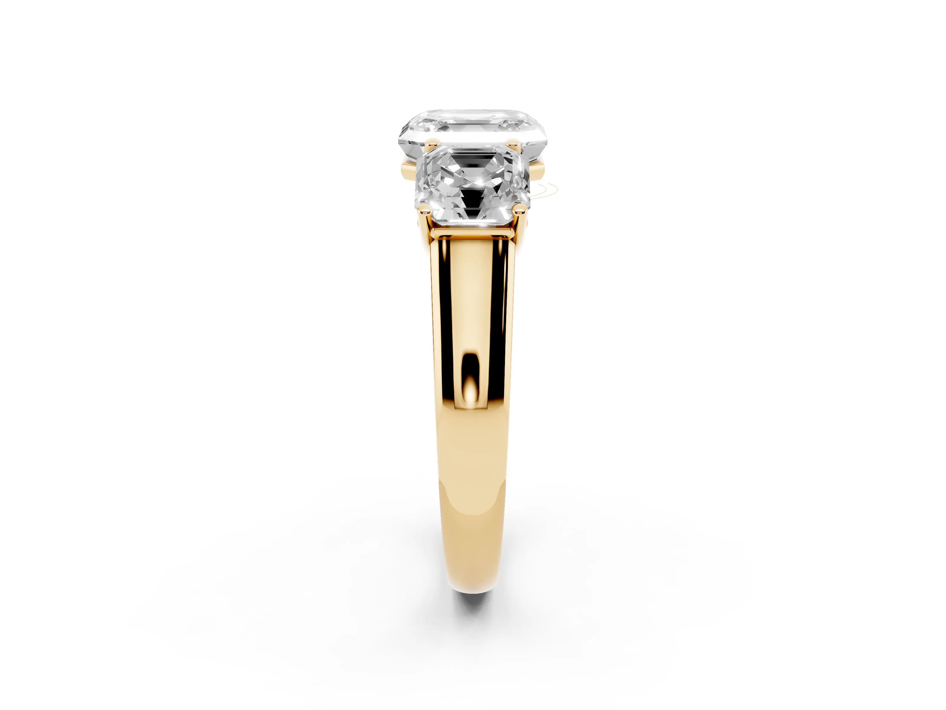Asscher Cut Diamond Three-Stone Ring Set in Yellow gold with Plain Polished Band