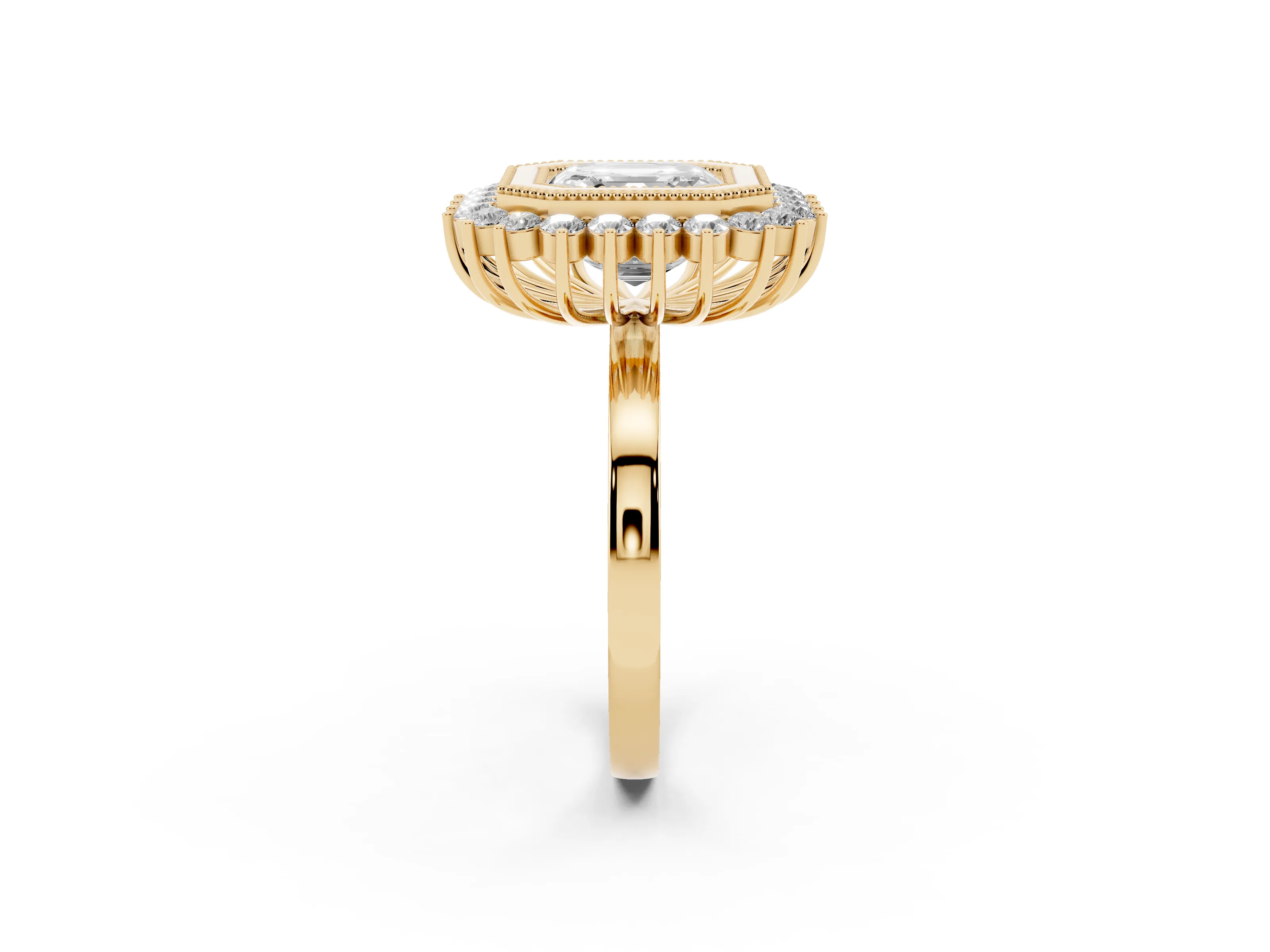 Asscher Cut Diamond Halo Ring Set in Yellow gold with Milgrain Edge and Round Prong Setting