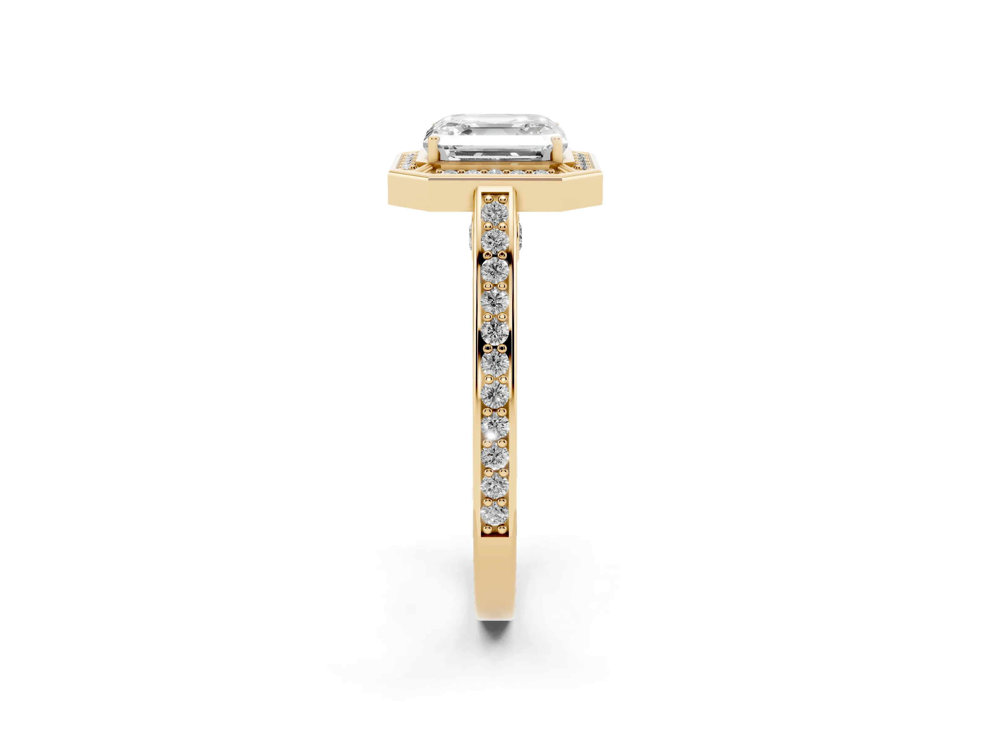 Asscher Cut Diamond Halo Pavé Split Shank Ring Set in Yellow gold with Prong Setting