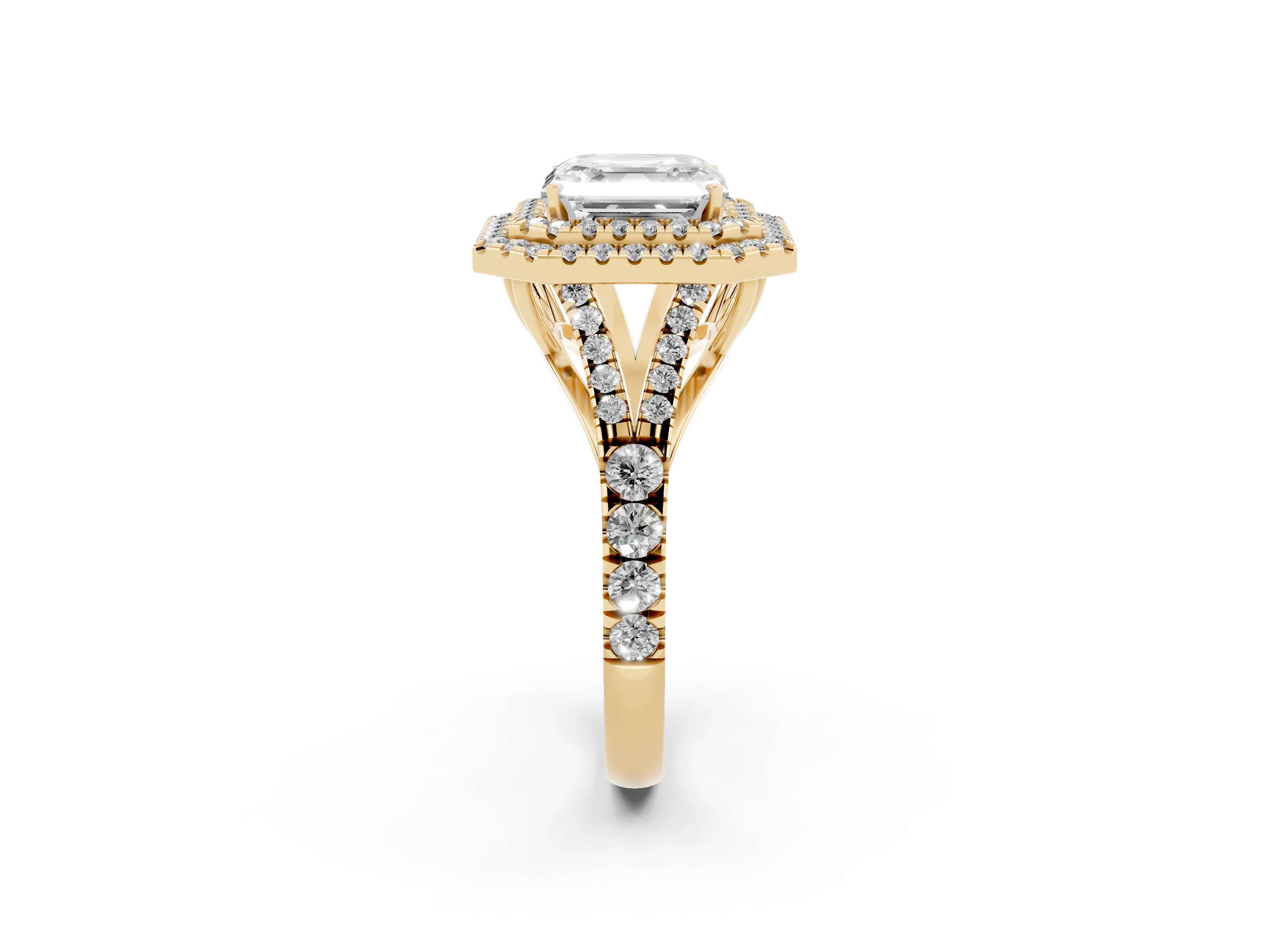 Asscher Cut Diamond Pavé Split Shank Double Halo Engagement Ring Set in Yellow gold