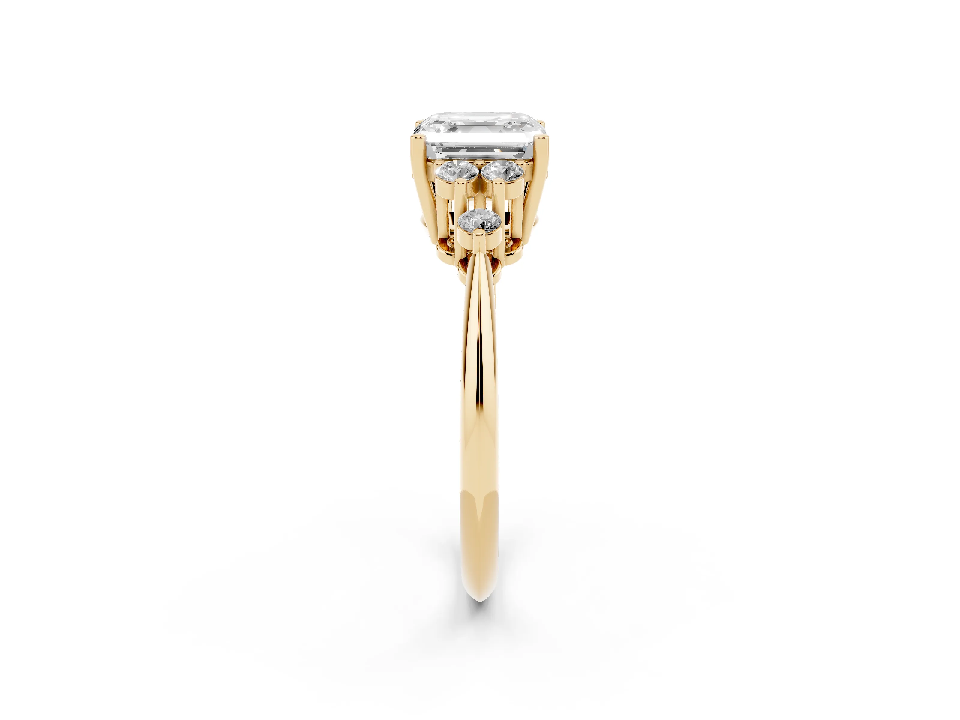Asscher Cut Diamond Cluster Ring Set in Yellow gold with Plain Band and Prong Setting