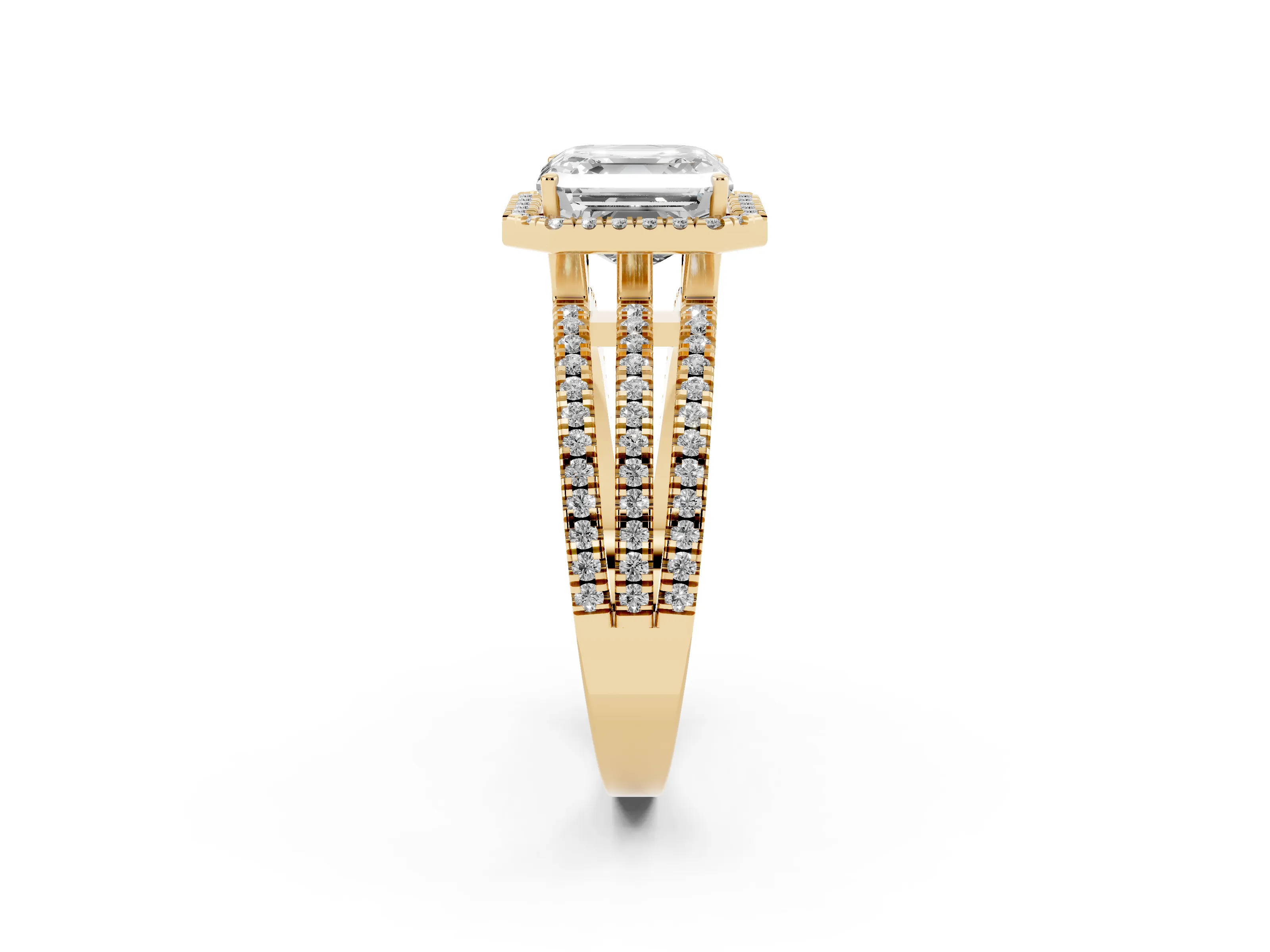 Asscher Cut Diamond Halo Split Shank Engagement Ring Set in Yellow gold with Prong Setting
