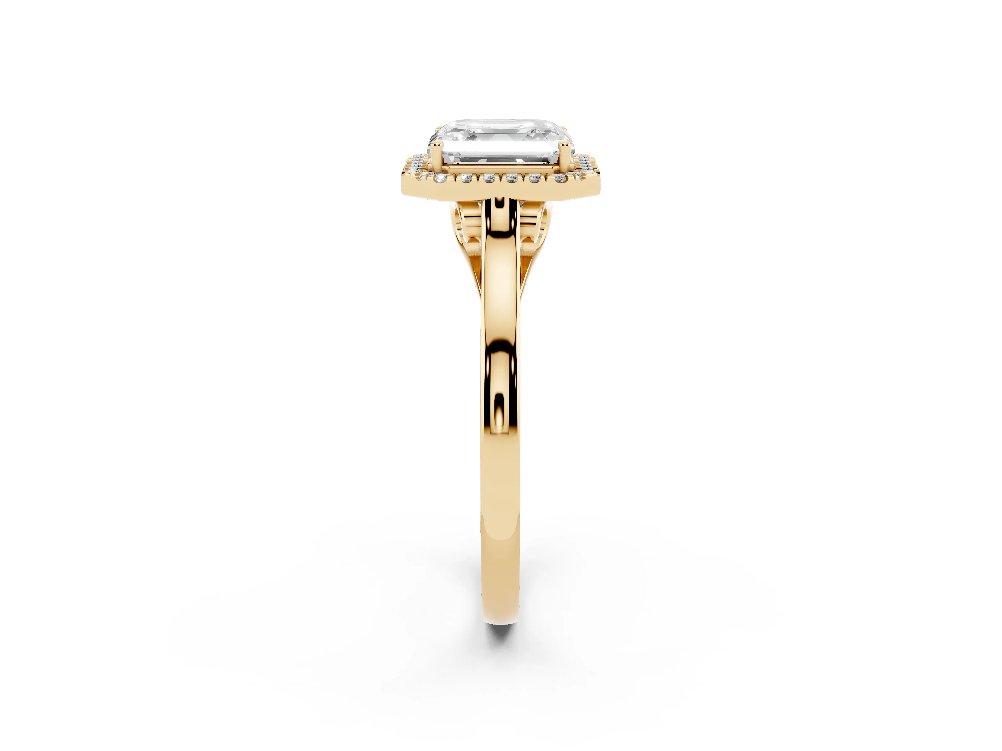 Asscher Cut Halo Round Diamond Solitaire Ring Set in Yellow gold with Pavé Band and Prong Setting
