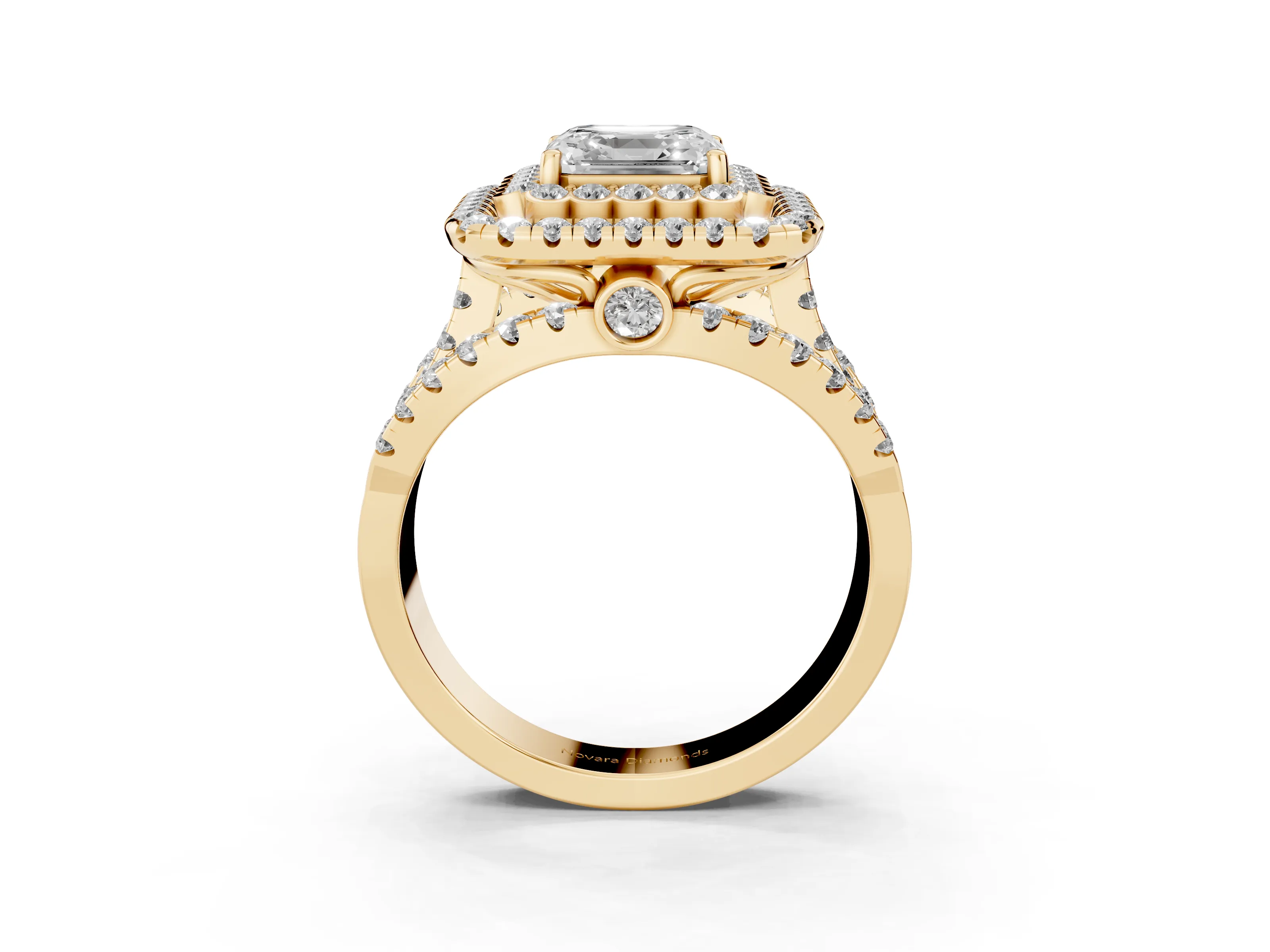 Asscher Cut Diamond Double Halo Ring Set in Yellow gold with Round Pavé Split Shank