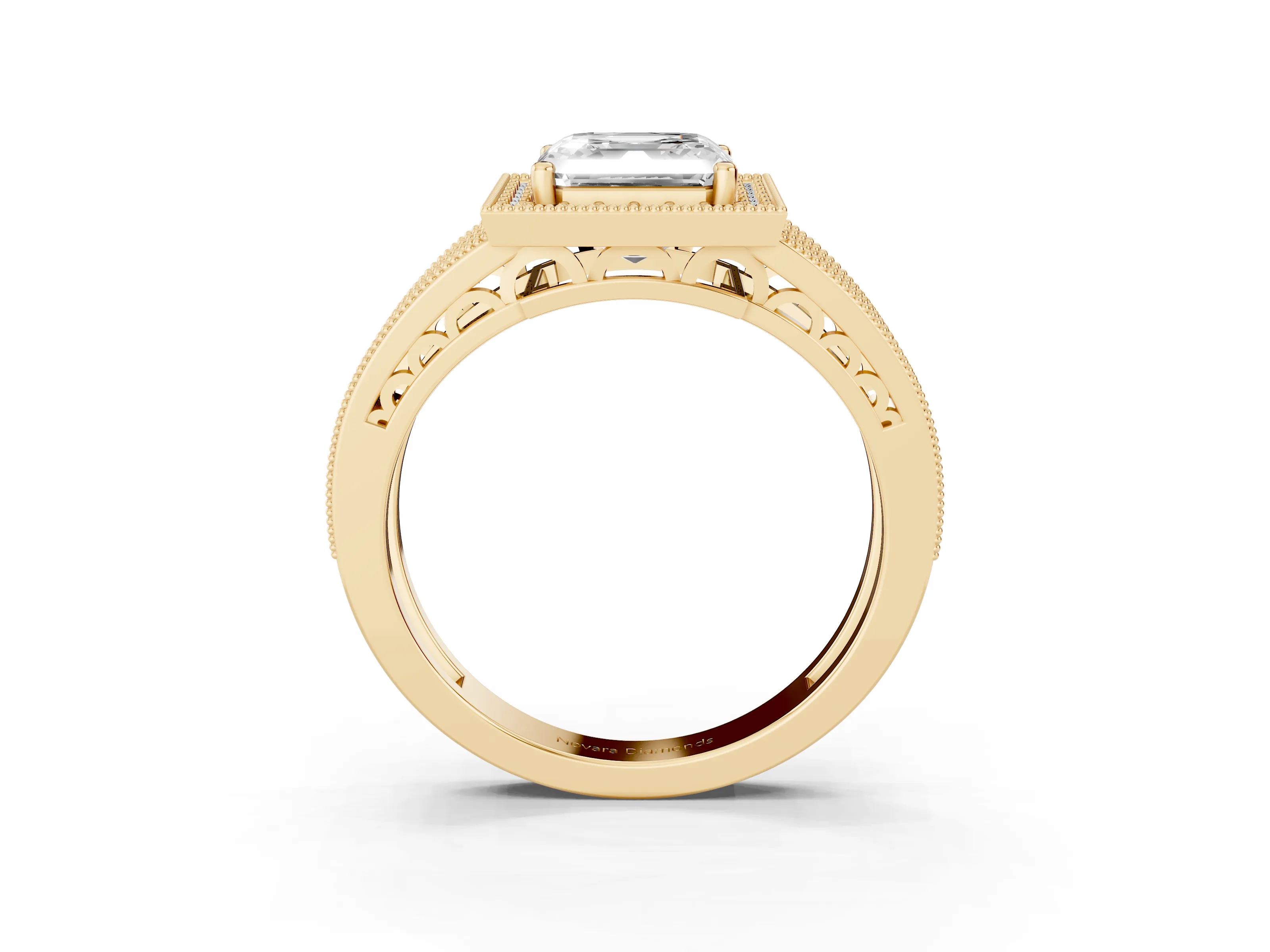 Asscher Cut Diamond Halo Ring Set in Yellow gold with Accent Split Shank and Prong Setting