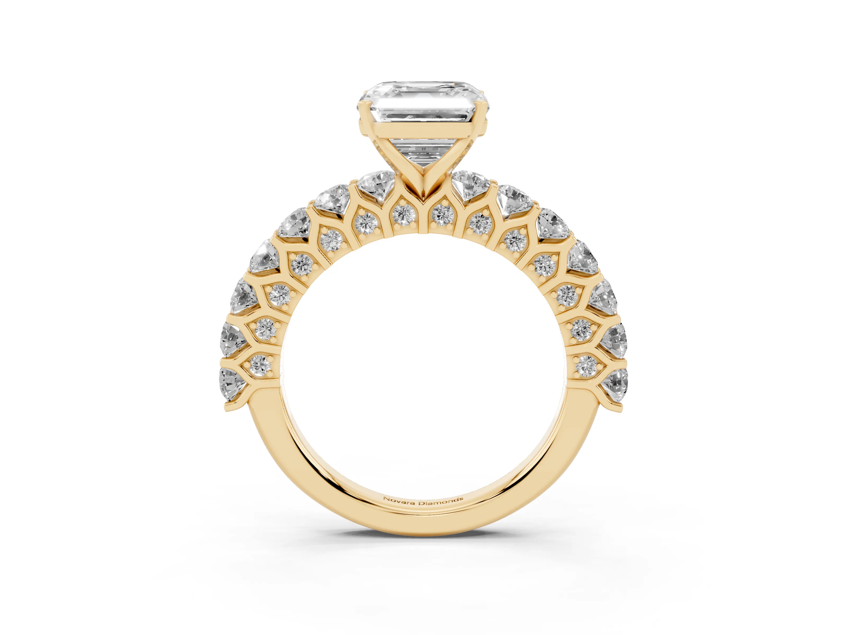 Asscher Cut Diamond Solitaire Ring Set in Yellow gold with Shared Prong Pavé Band