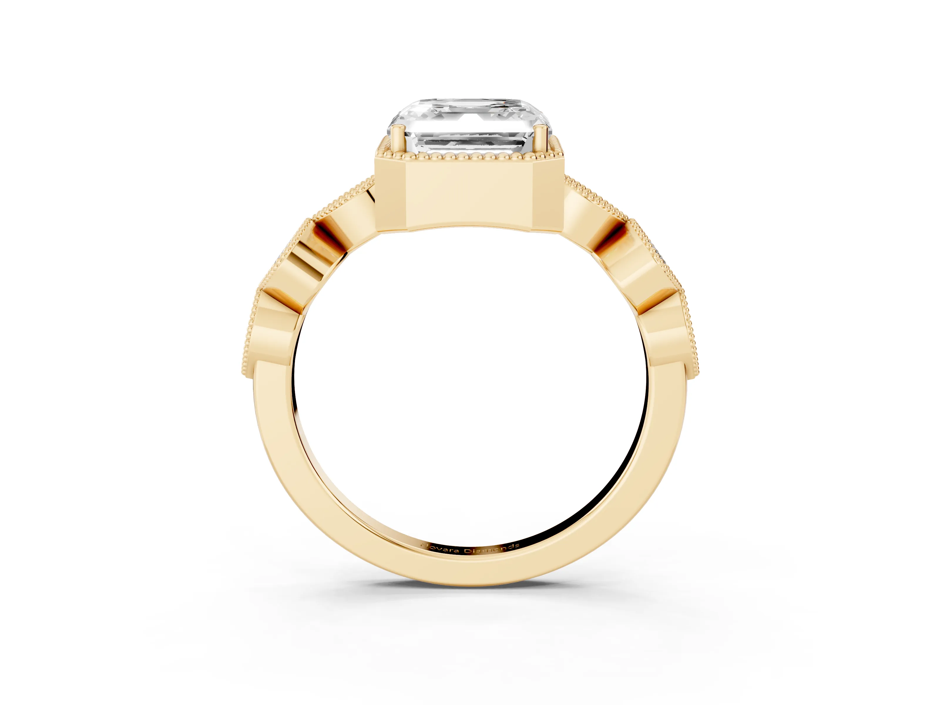 Asscher Cut Diamond Vintage-Inspired Milgrain Ring Set in Yellow gold with Marquise Stations of Round Accents