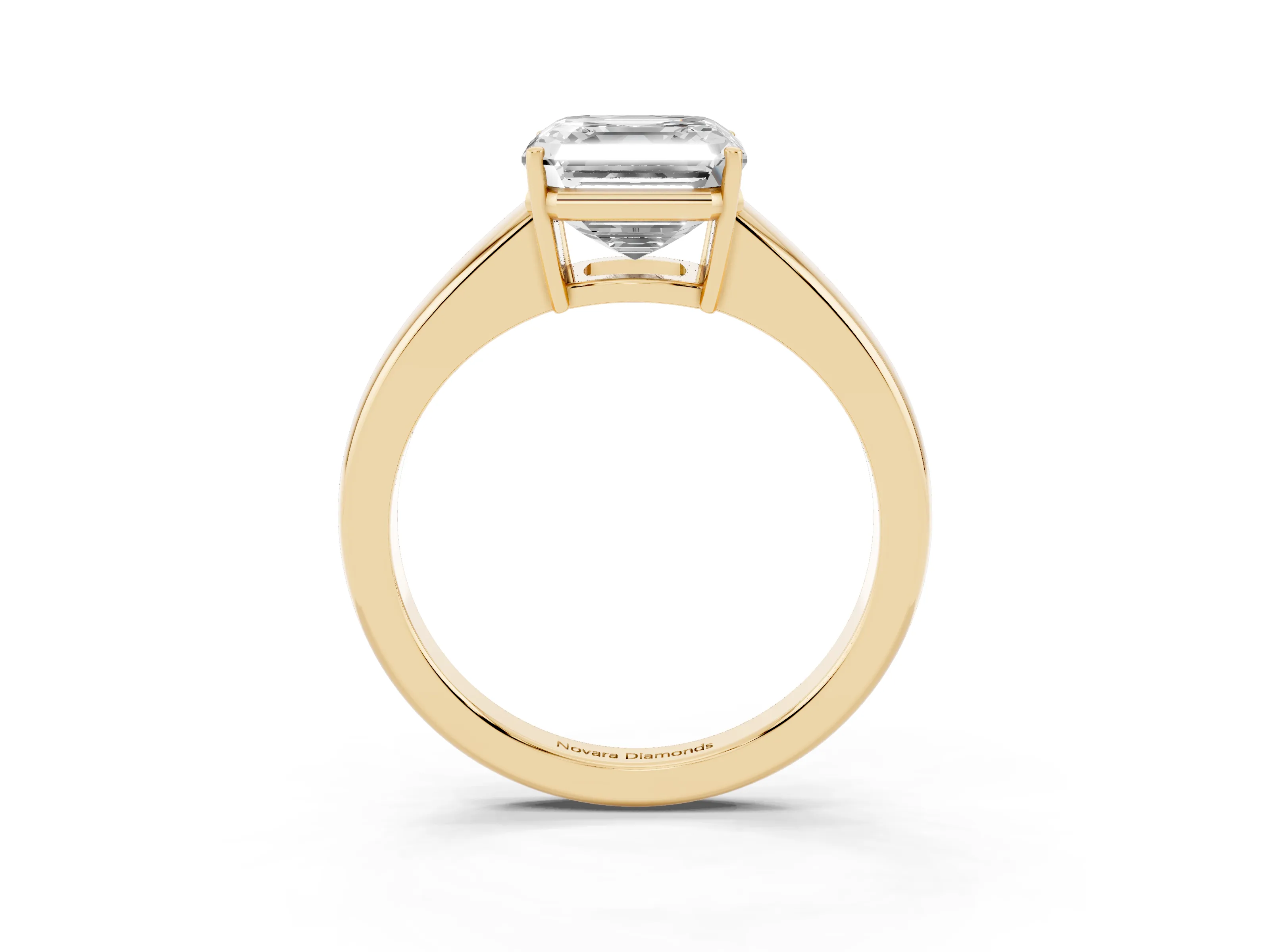 Asscher Cut Diamond Solitaire Ring Set in Yellow gold with Tapered Band and Prong Setting