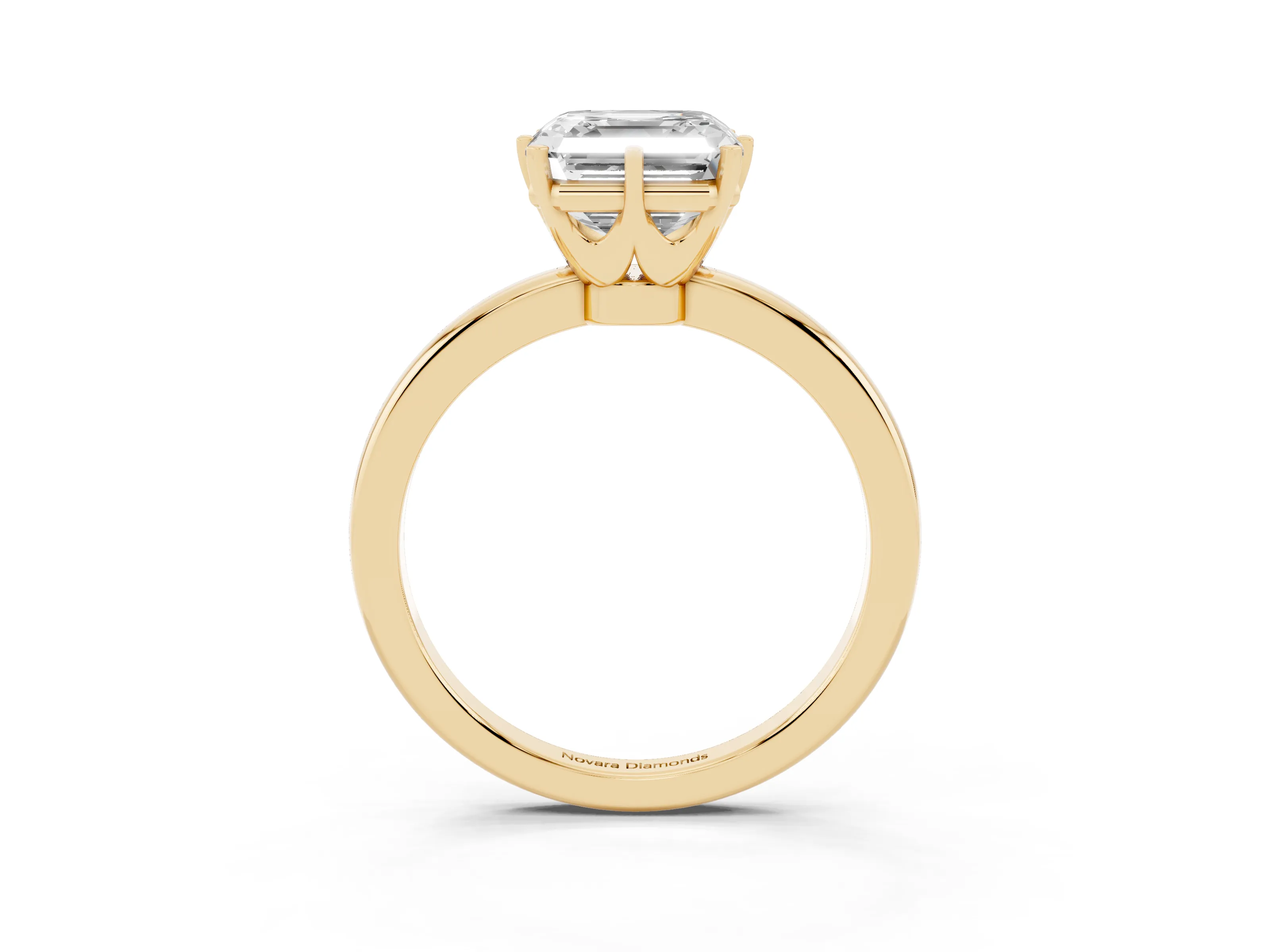 Asscher Cut Diamond Solitaire Ring Set in Yellow gold with Raised Prong Setting on a Classic Band
