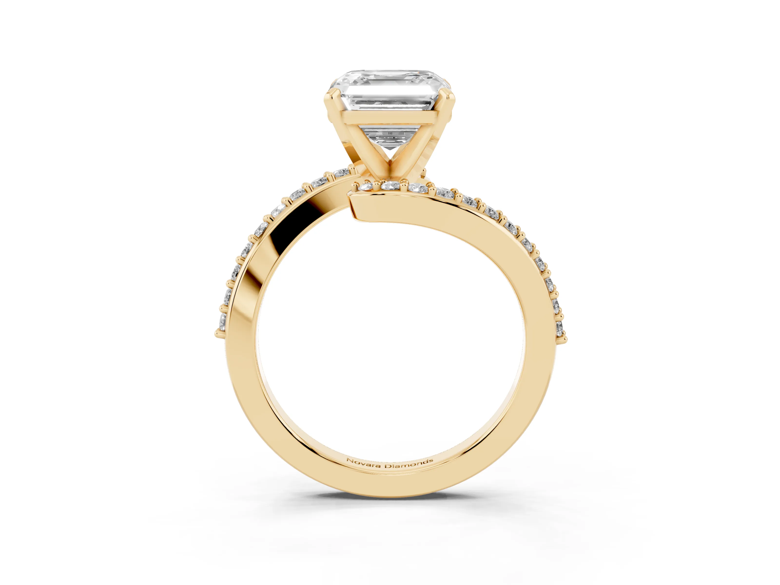 Asscher Cut Diamond Solitaire Ring Set in Yellow gold with Pavé Twist Band and Prong Setting