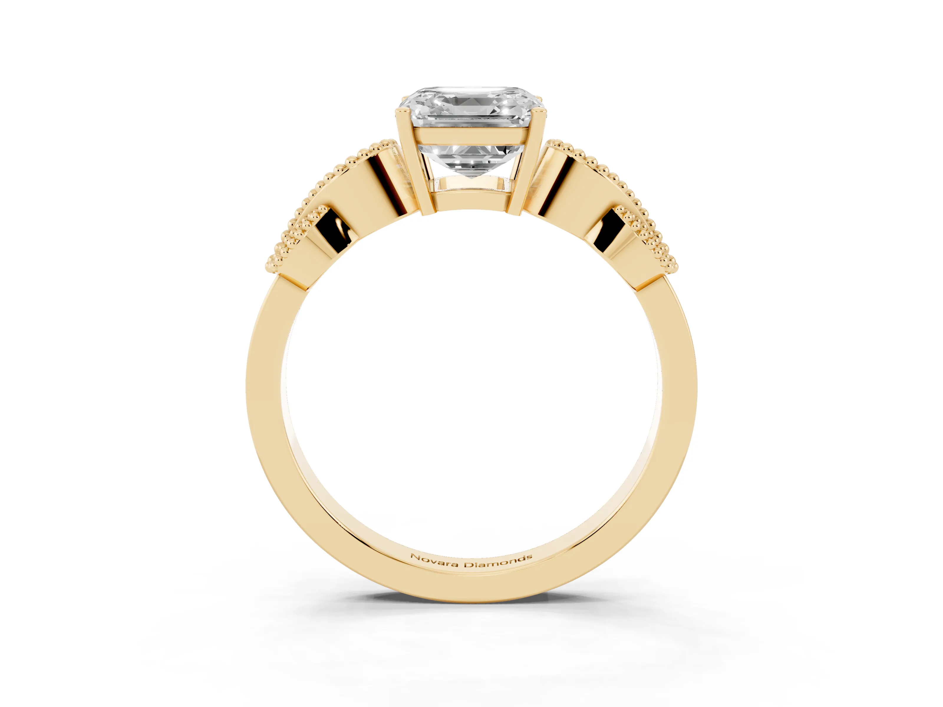 Asscher Cut Diamond Milgrain Leaf Band Solitaire Ring Set in Yellow gold with Accent Stones and Prong Setting