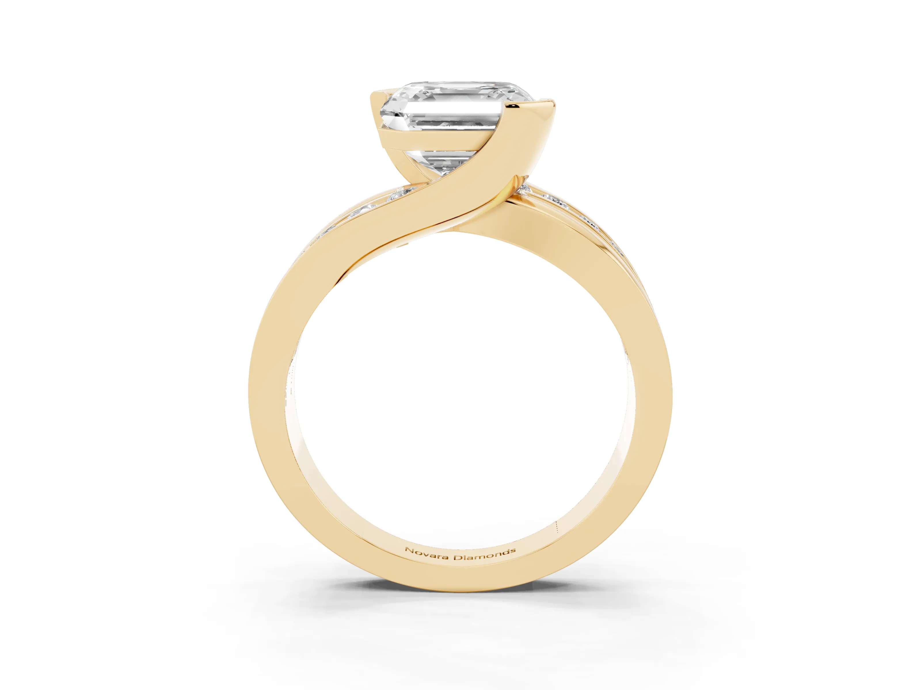 Asscher Cut Diamond Solitaire Ring Set in Yellow gold with Channel Set Split Shank and Tension Prongs