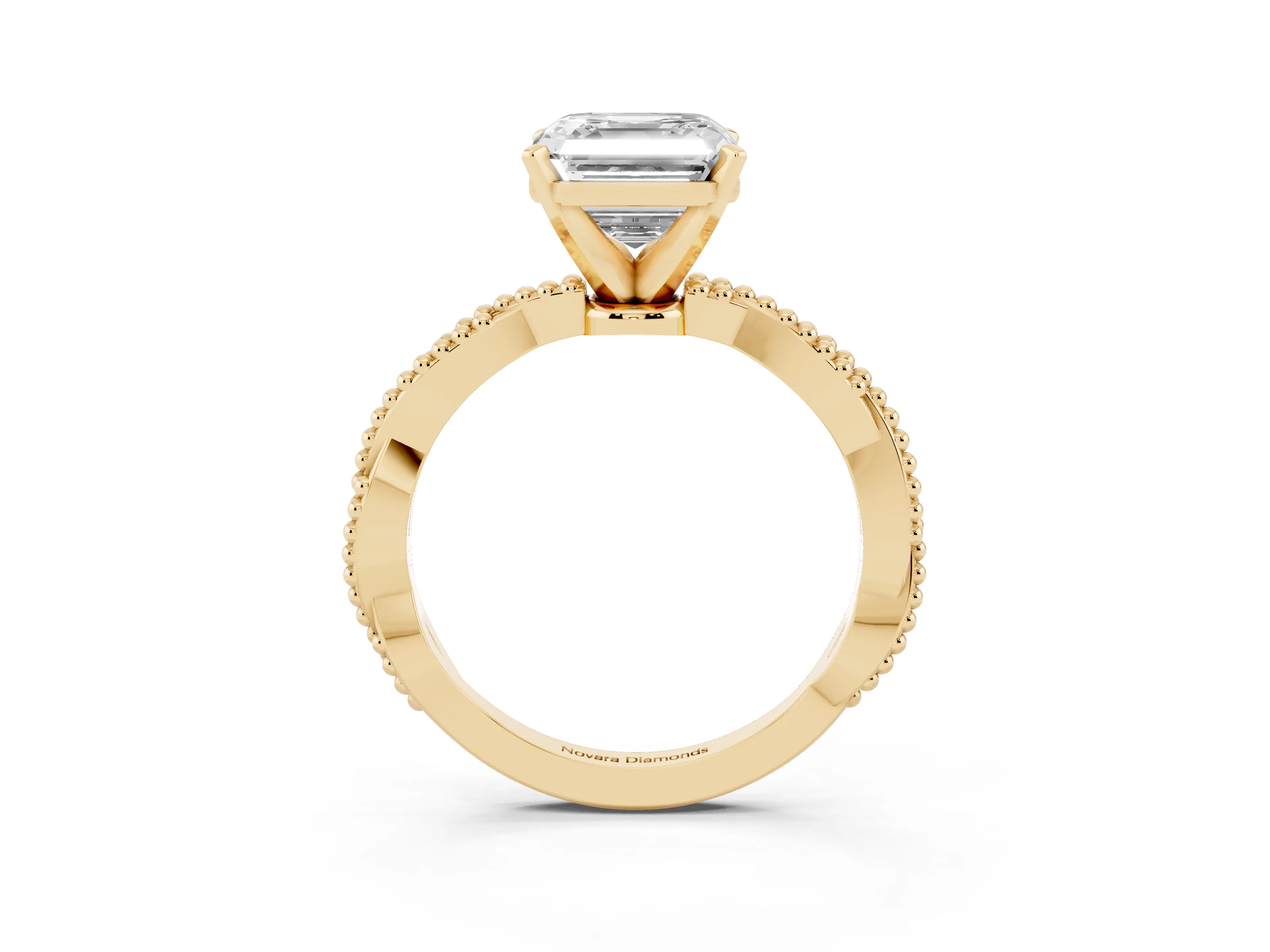 Asscher Cut Diamond Solitaire Ring Set in Yellow gold with Twisted Band and Bead Prong Setting
