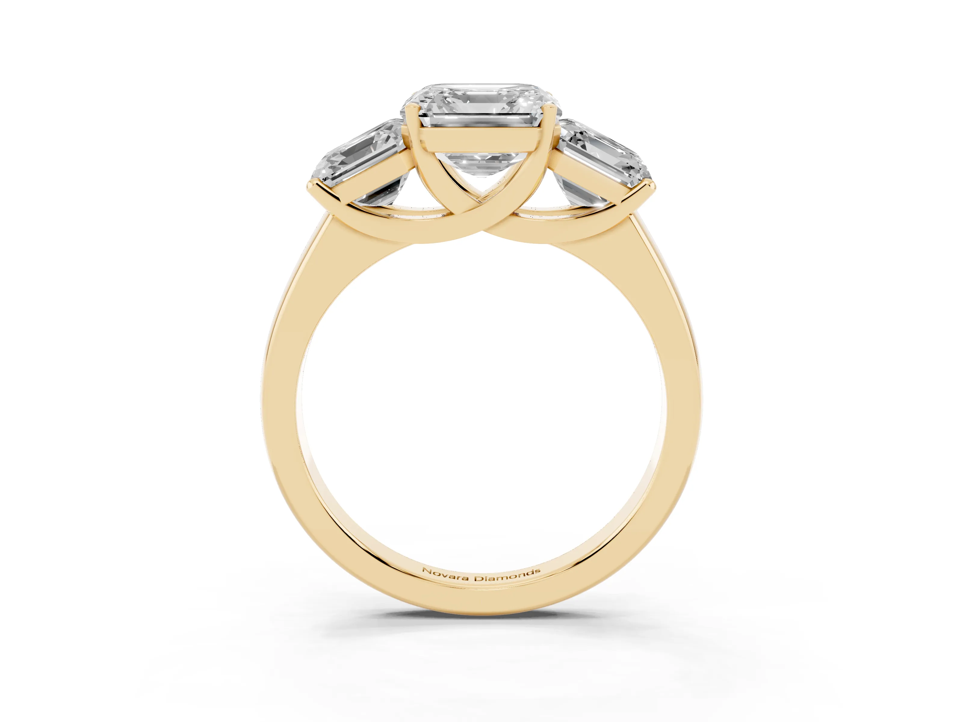 Asscher Cut Diamond Three-Stone Ring Set in Yellow gold with Classic Prong Setting and Plain Band