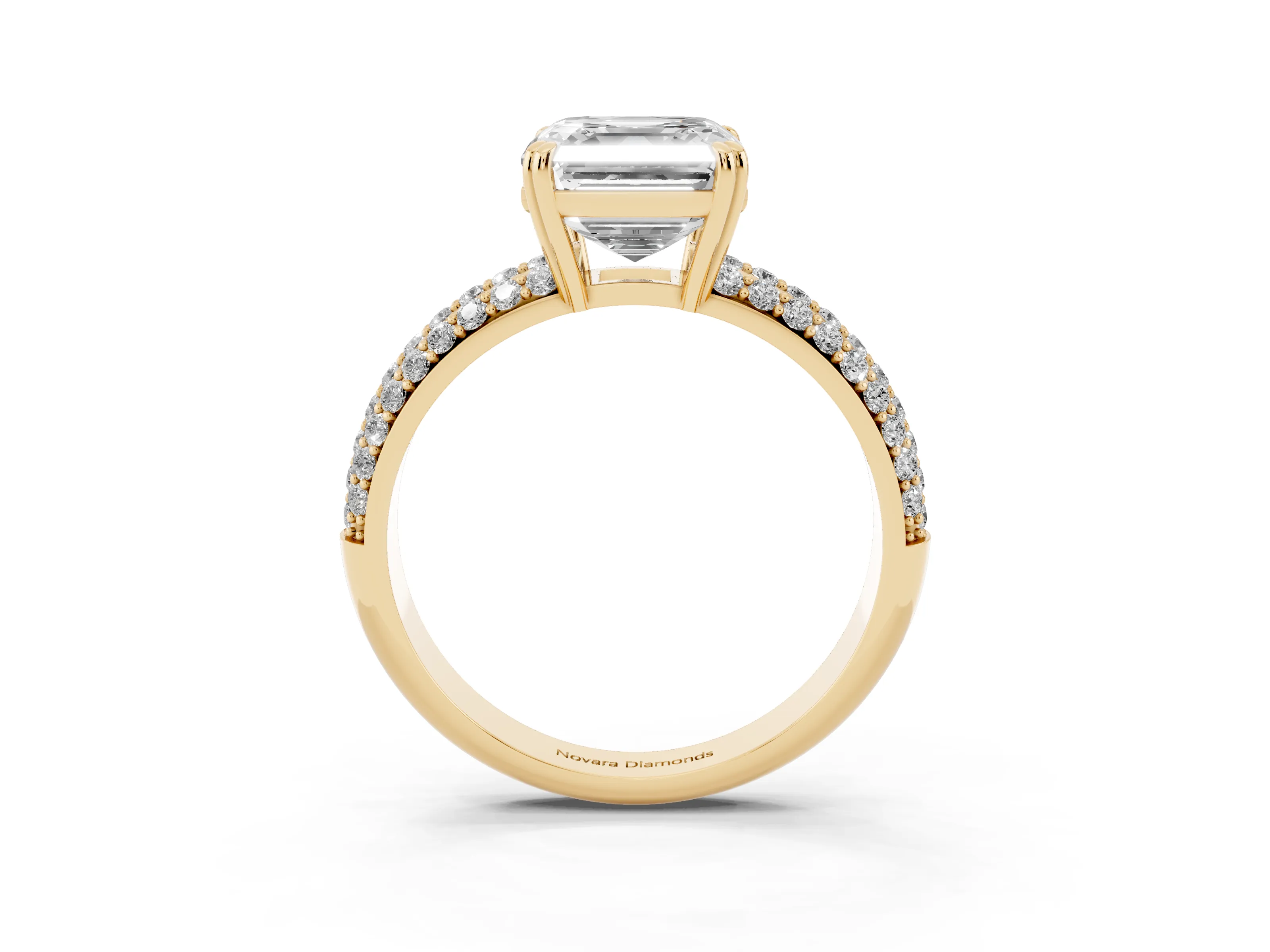 Asscher Cut Diamond Solitaire Ring Set in Yellow gold with Multi-Row Round Pavé Band and Prong Setting