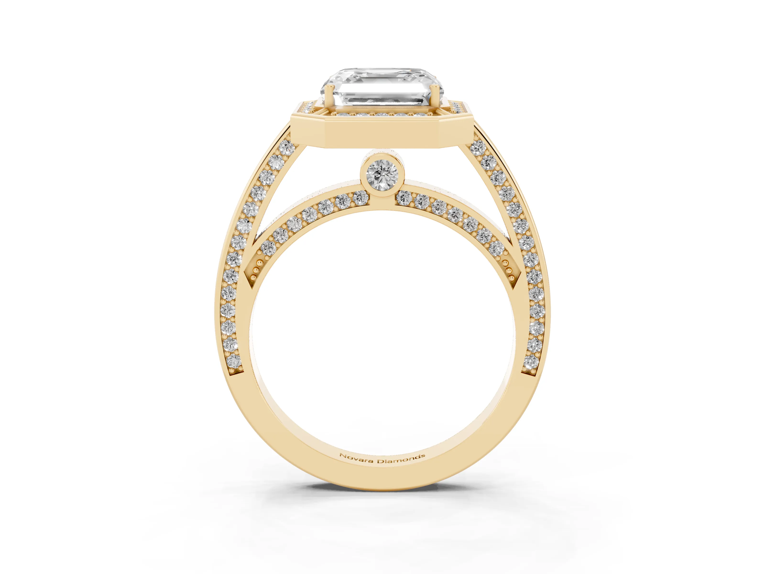 Asscher Cut Diamond Halo Pavé Split Shank Ring Set in Yellow gold with Prong Setting