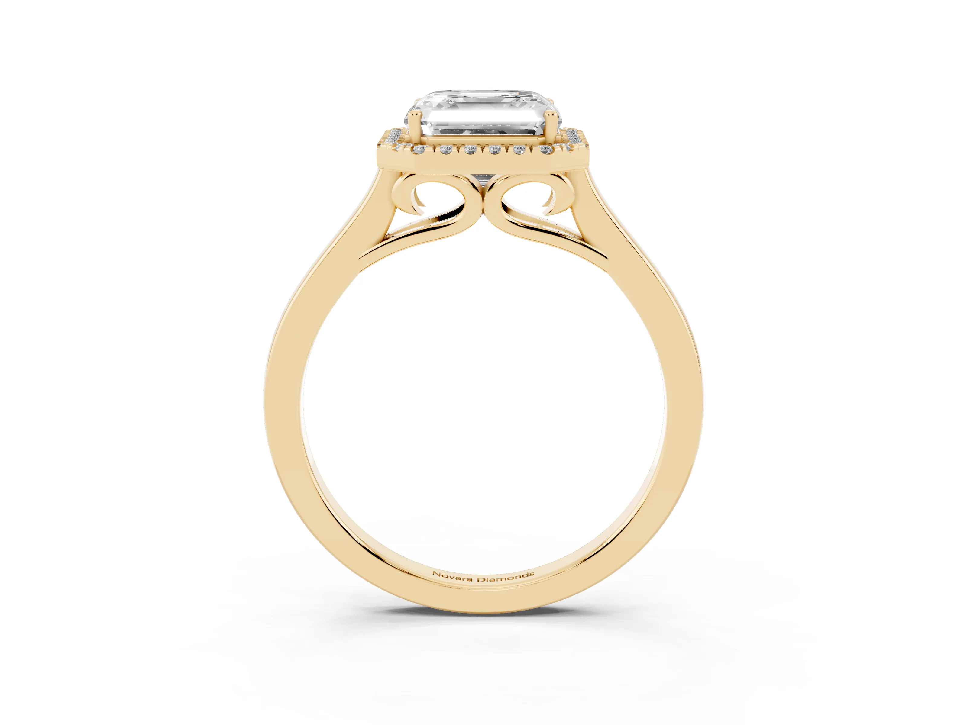Asscher Cut Halo Round Diamond Solitaire Ring Set in Yellow gold with Pavé Band and Prong Setting
