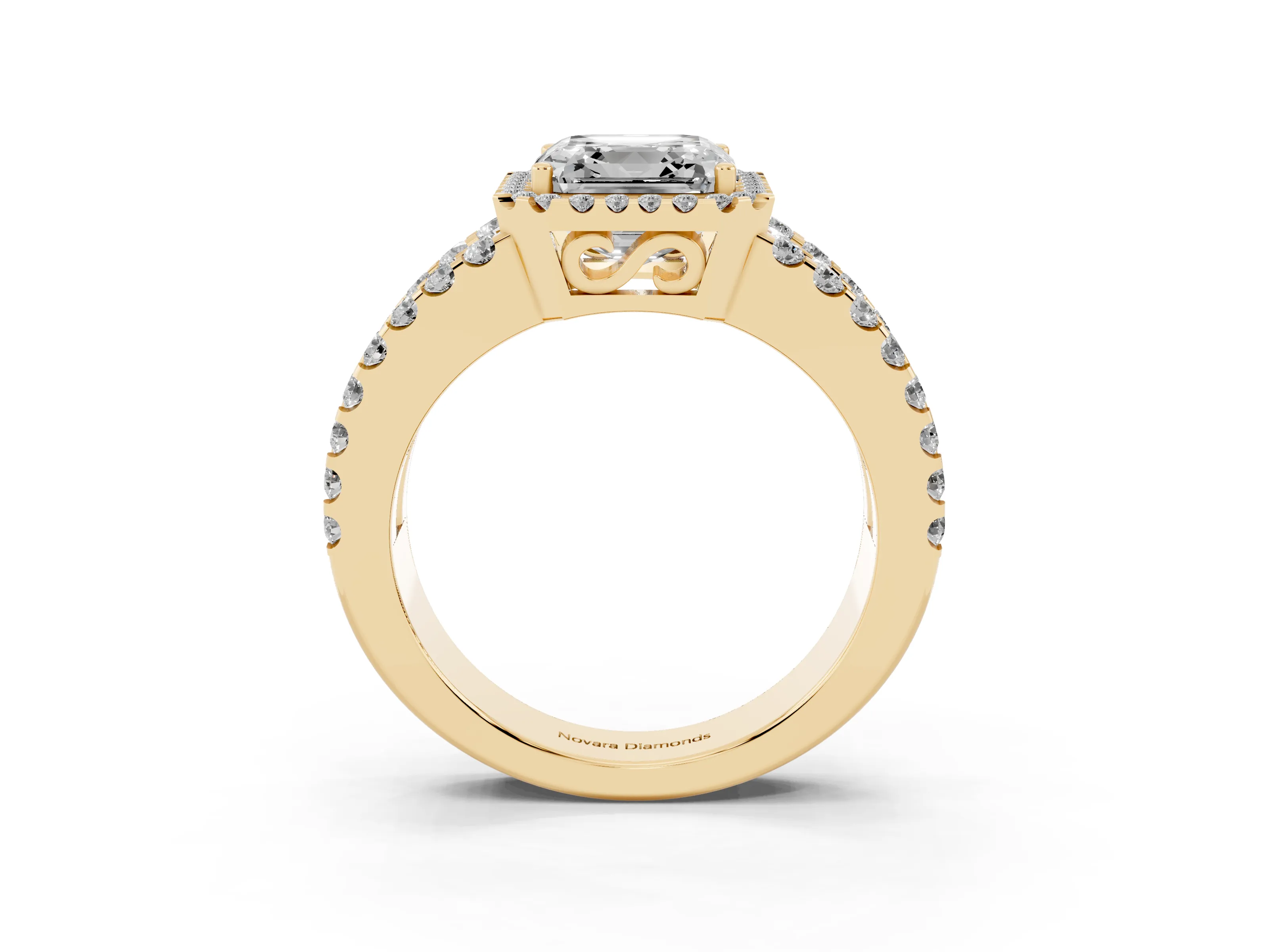 Asscher Cut Diamond Halo Ring Set in Yellow gold with Pavé Split Shank and Prong Setting
