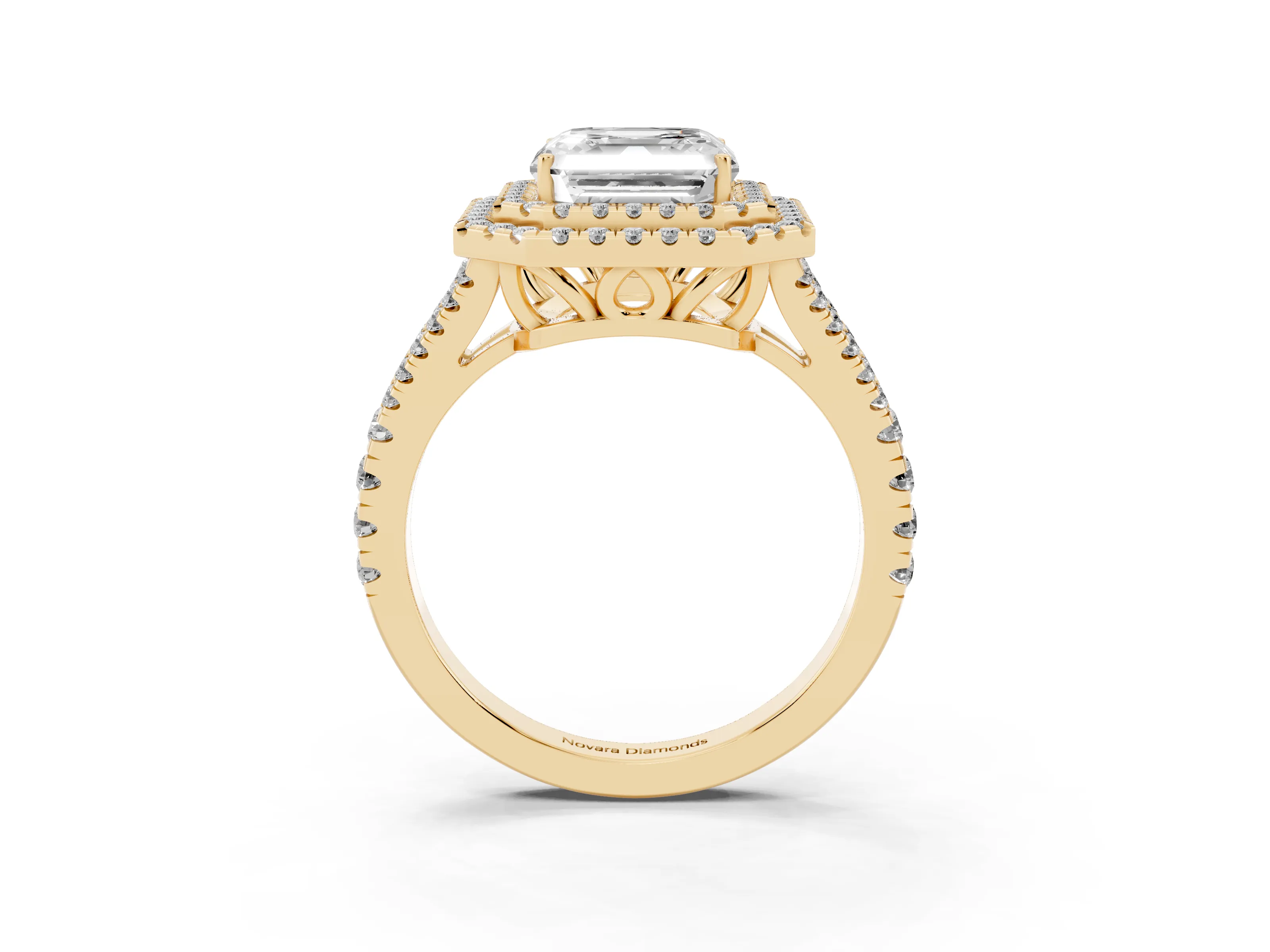 Asscher Cut Diamond Double Halo Ring Set in Yellow gold with Pavé Band