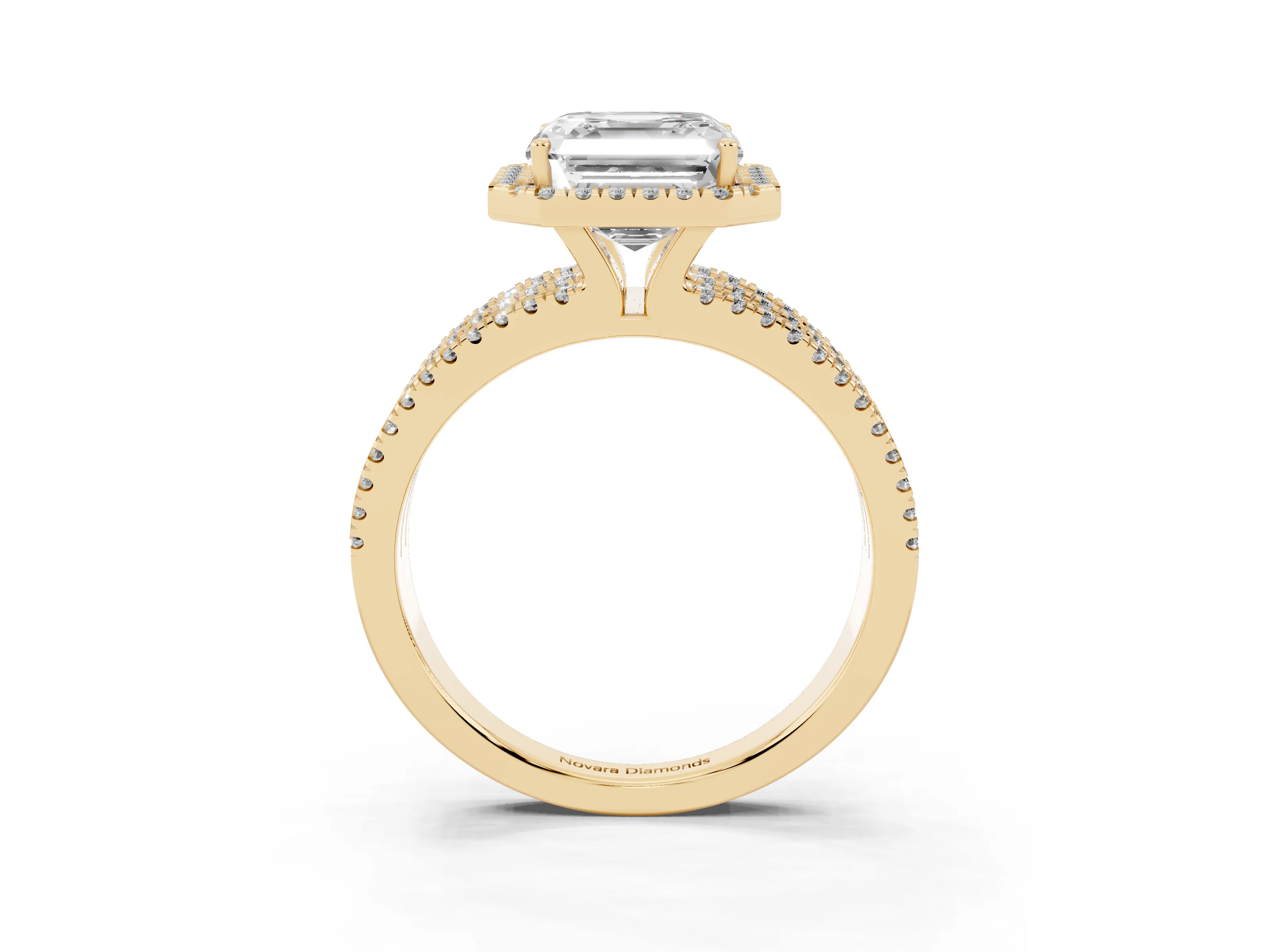 Asscher Cut Diamond Halo Split Shank Engagement Ring Set in Yellow gold with Prong Setting