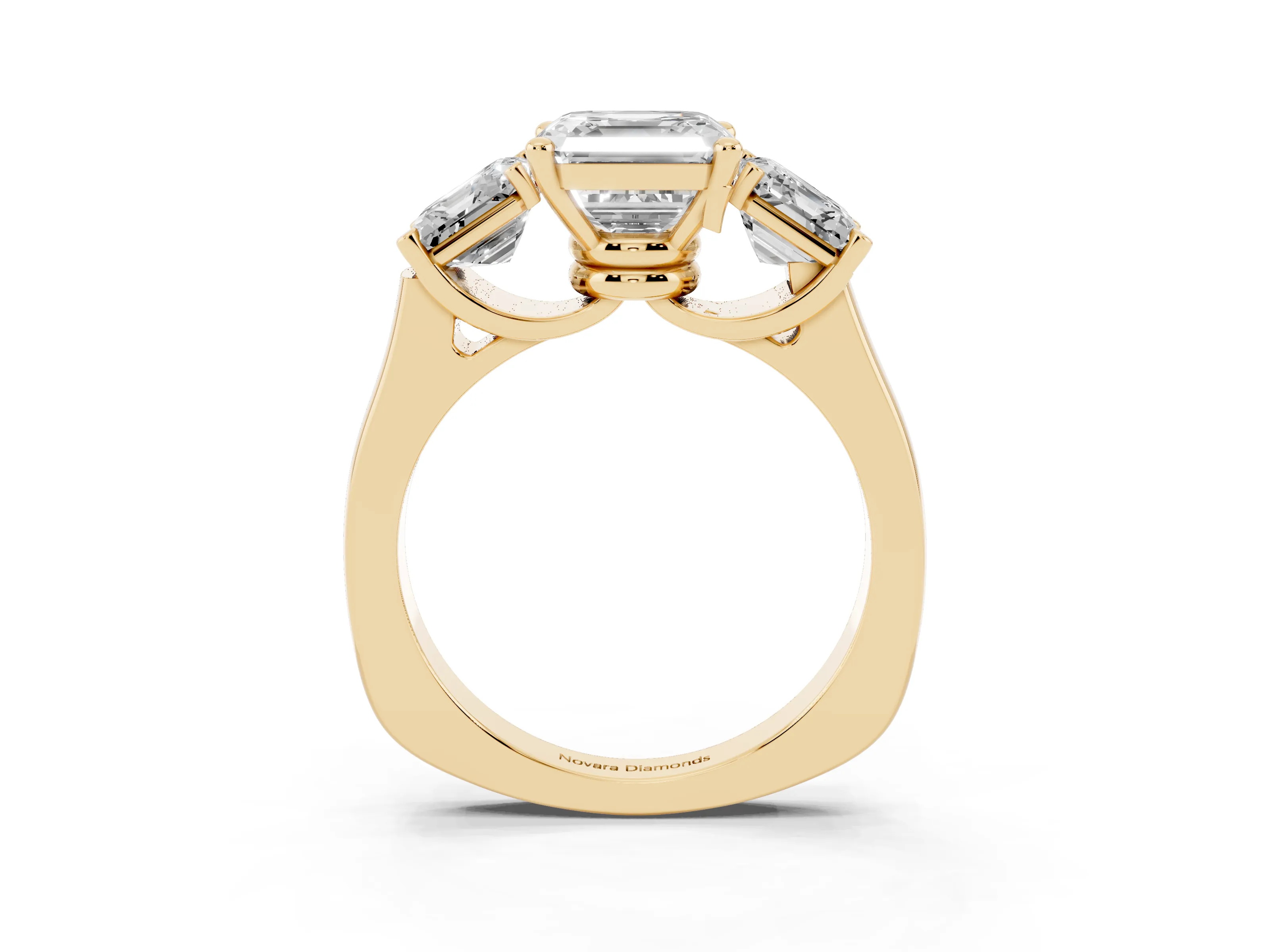 Asscher Cut Diamond Three-Stone Trellis Ring Set in Yellow gold with Comfort Fit Band