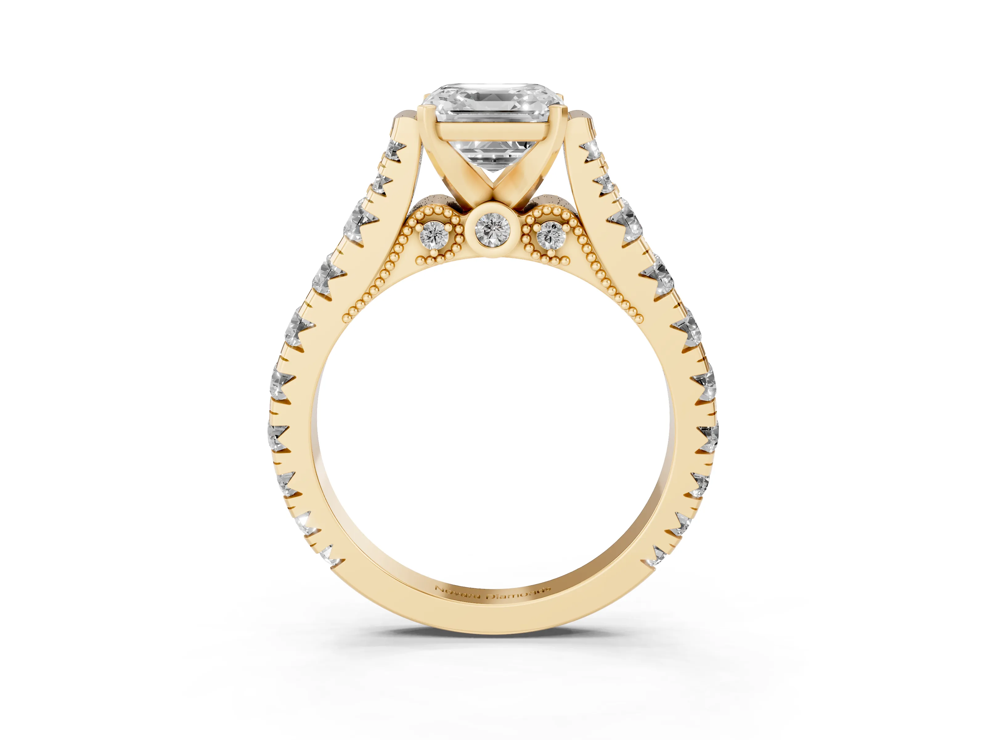 Asscher Cut Diamond Classic Solitaire Ring Set in Yellow gold with Pavé Band and Prong Setting