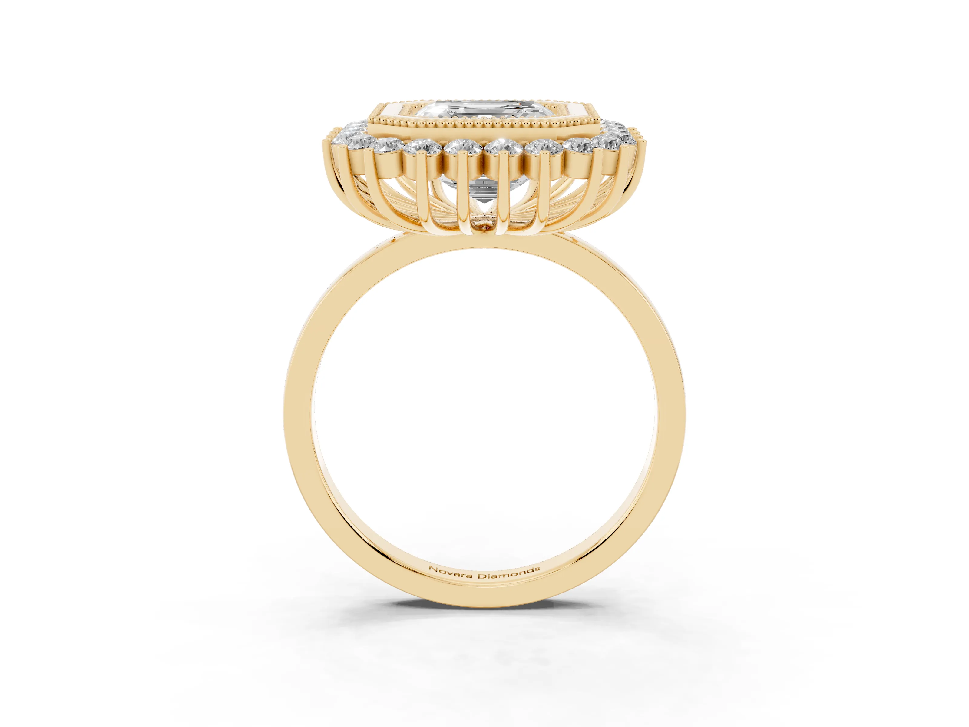 Asscher Cut Diamond Halo Ring Set in Yellow gold with Milgrain Edge and Round Prong Setting