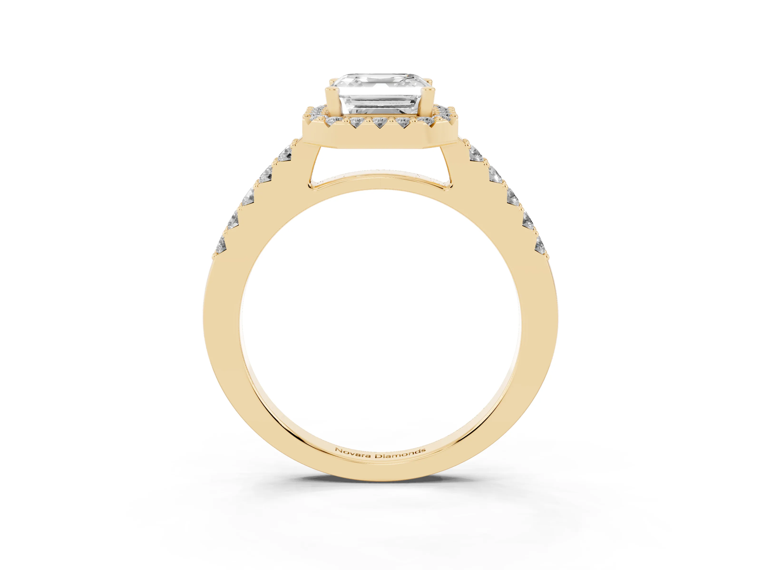 Asscher Cut Diamond Halo Pavé Solitaire Ring Set in Yellow gold with Prong-Set Center Stone
