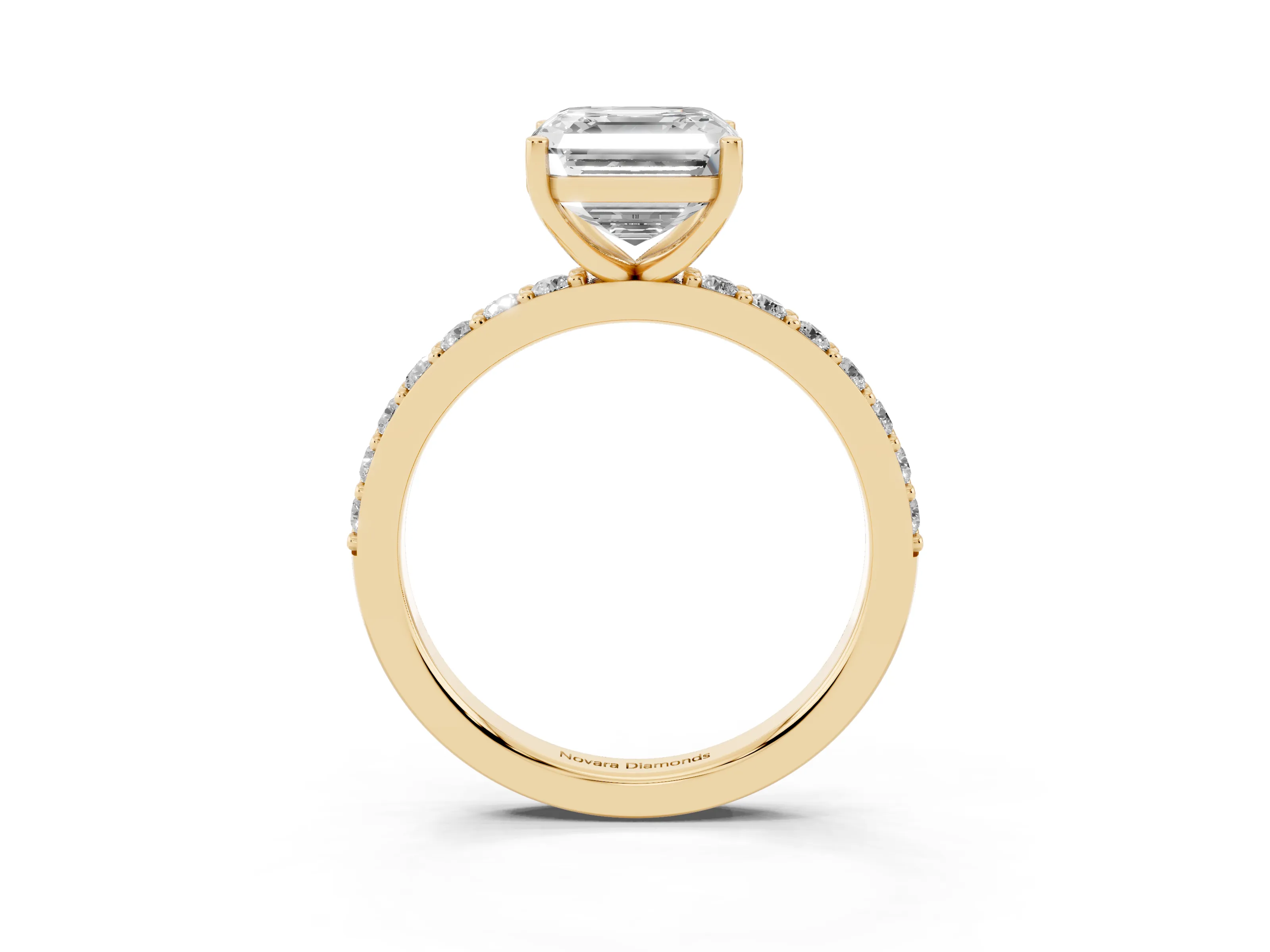 Asscher Cut Diamond Solitaire Set in Yellow gold with Round Pavé Band and Prong Setting