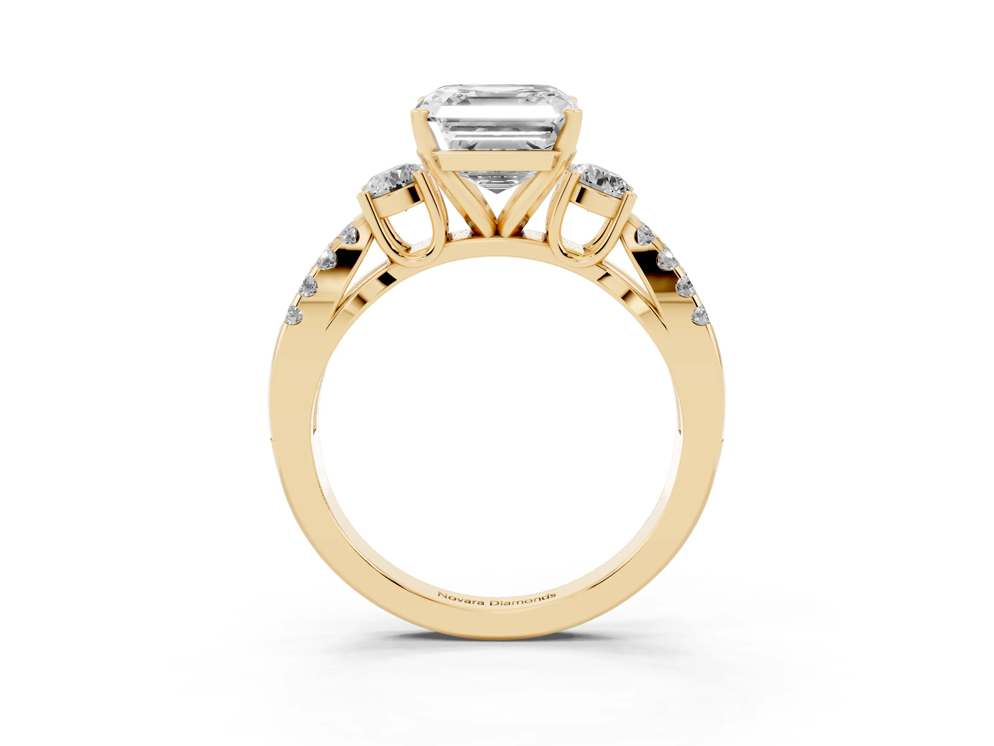 Asscher Cut Diamond Three-Stone Ring Set in Yellow gold with Pavé Split Shank and Prong Setting