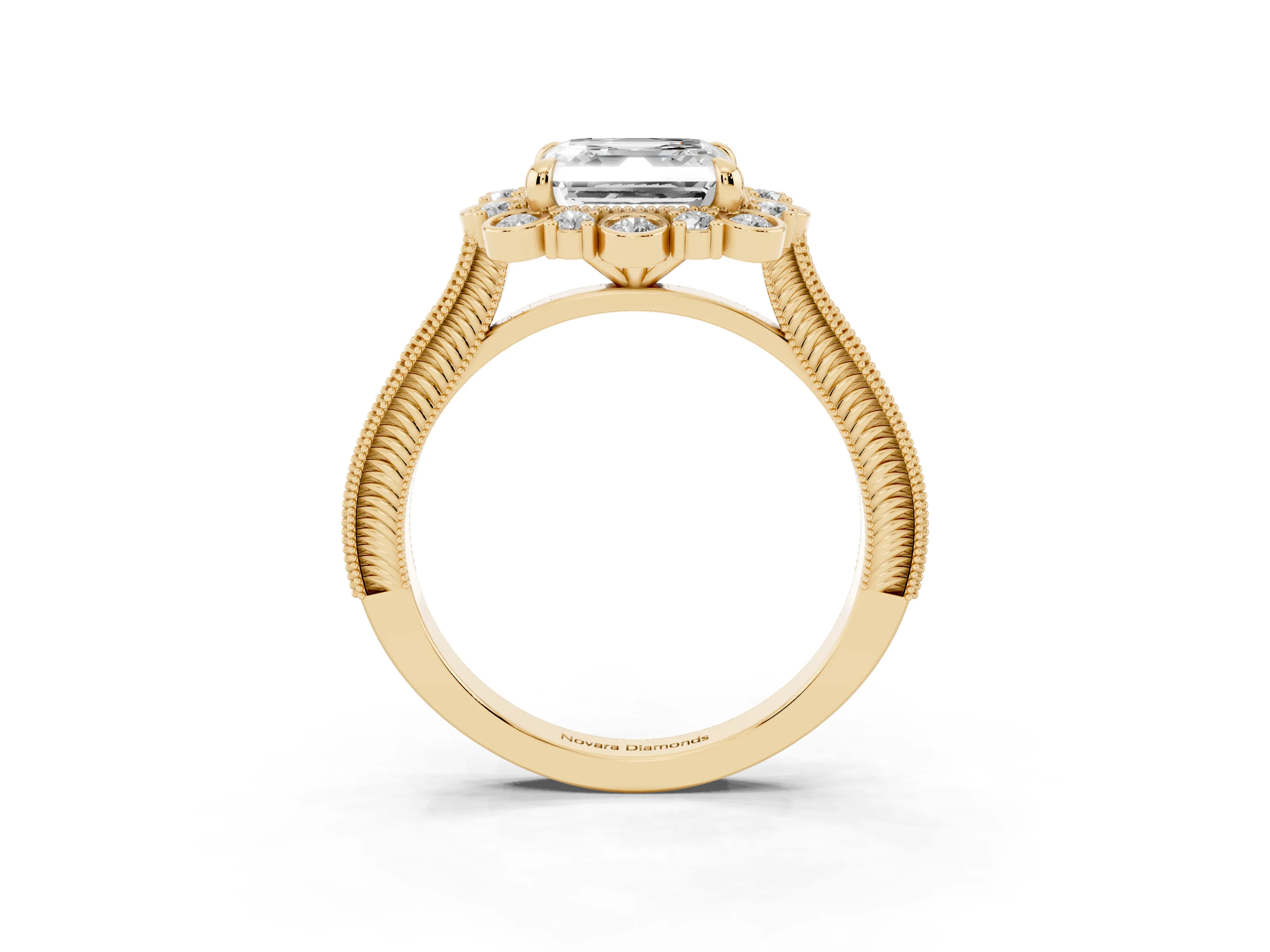 Asscher Cut Diamond Halo Milgrain Pavé Ring Set in Yellow gold with Prong Setting