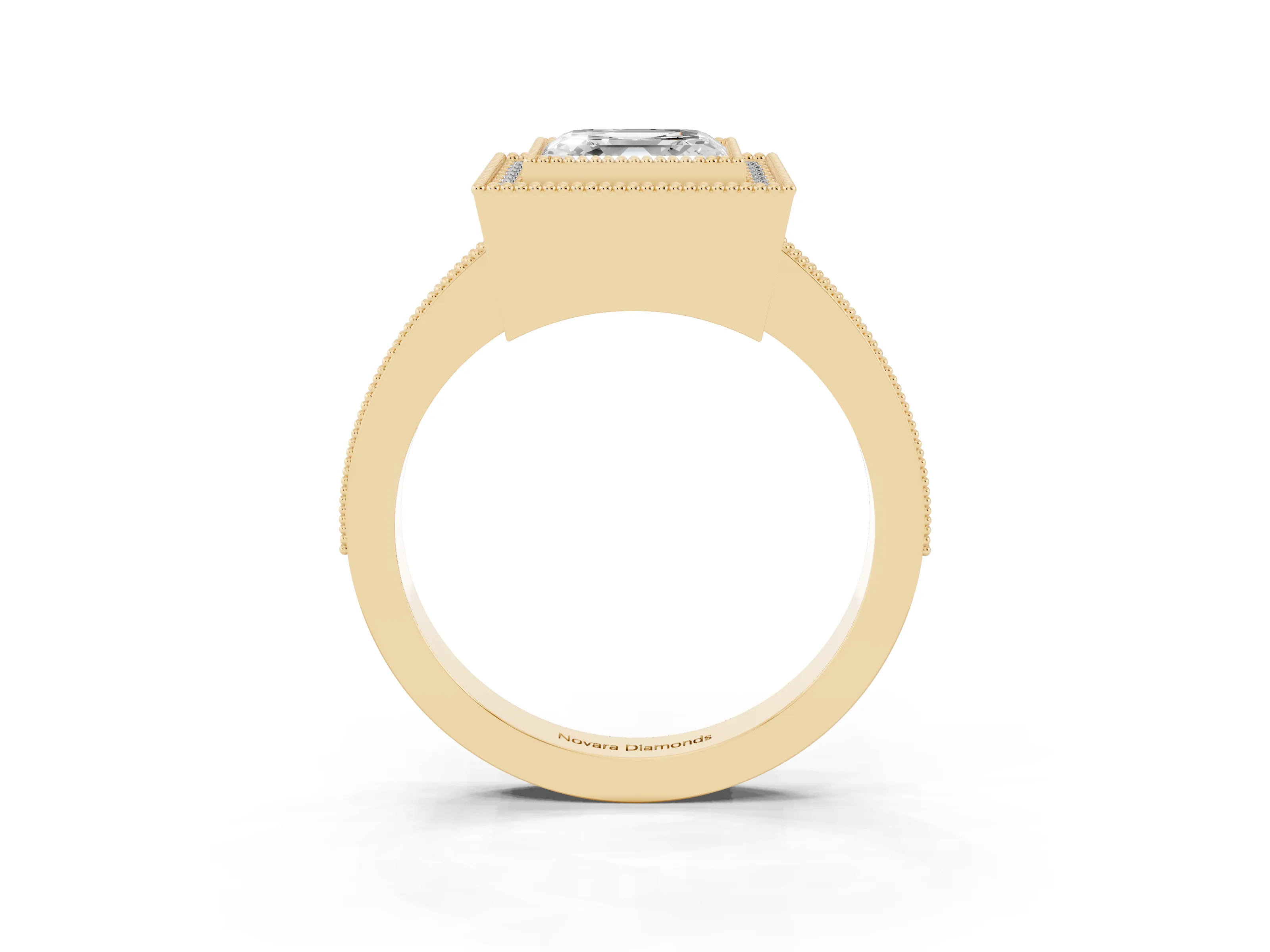 Asscher Cut Diamond Halo Engagement Ring Set in Yellow gold with Pavé Band and Round Halo Stones
