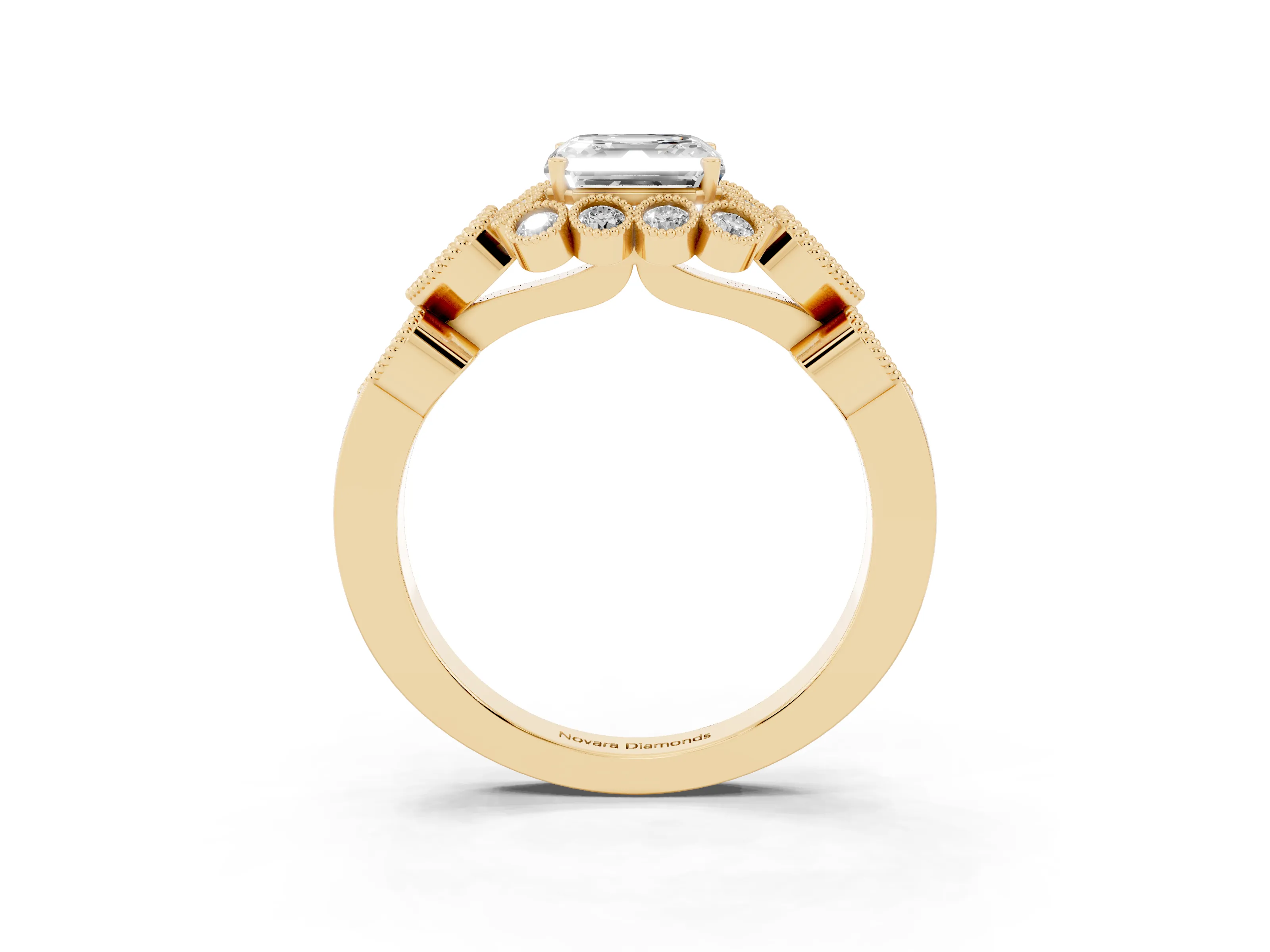 Asscher Cut Diamond Solitaire Ring Set in Yellow gold with Milgrain Pavé Heart Band