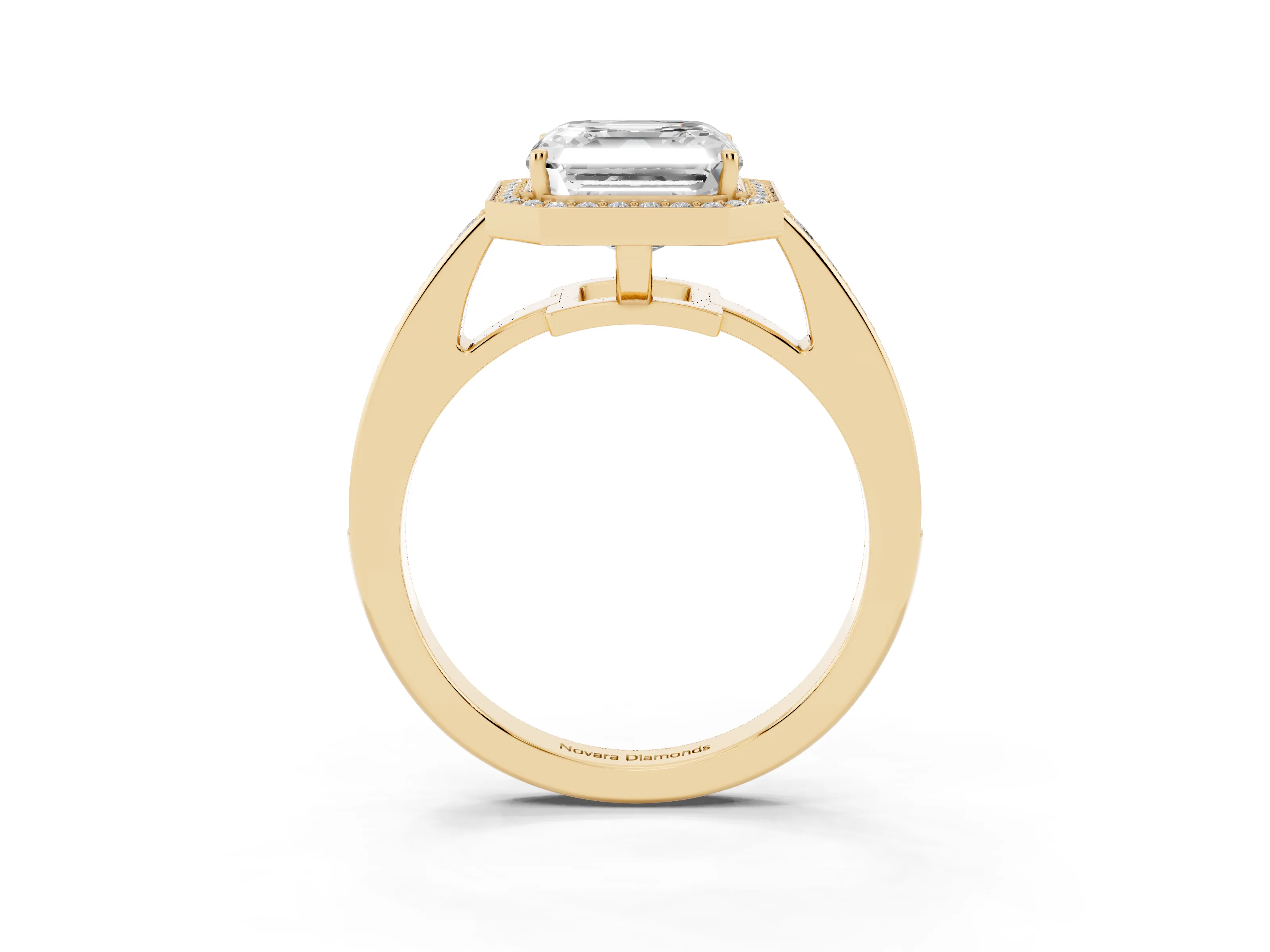 Asscher Cut Diamond Halo Pavé Engagement Ring Set in Yellow gold with Bezel Setting