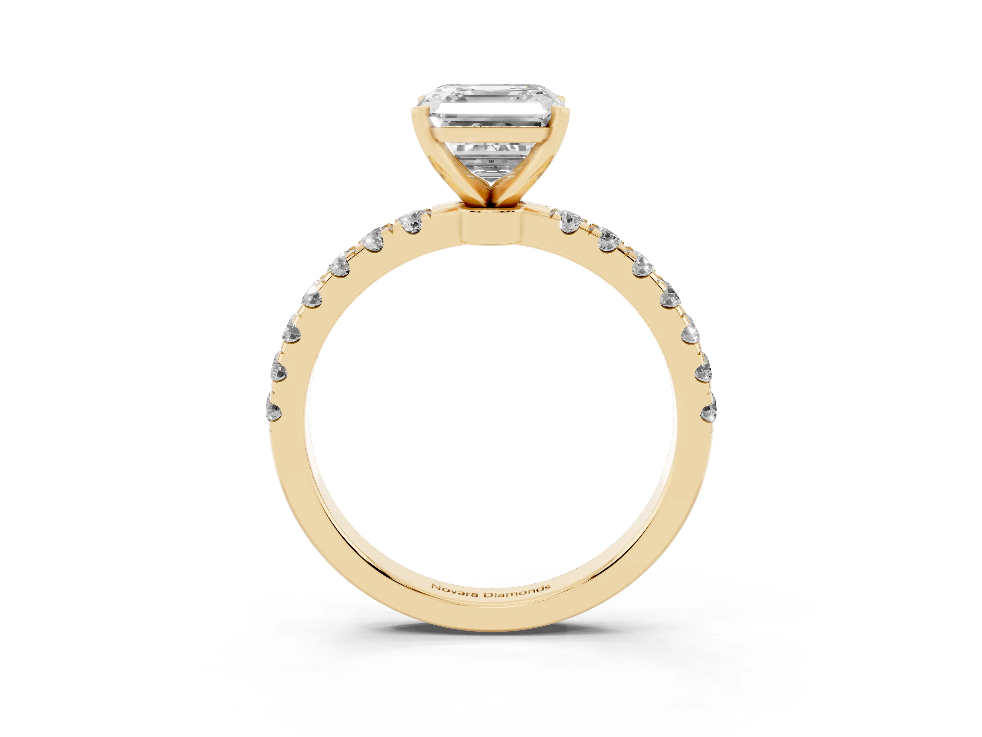 Asscher Cut Diamond Solitaire Ring Set in Yellow gold with Pavé Accents and Prong Setting
