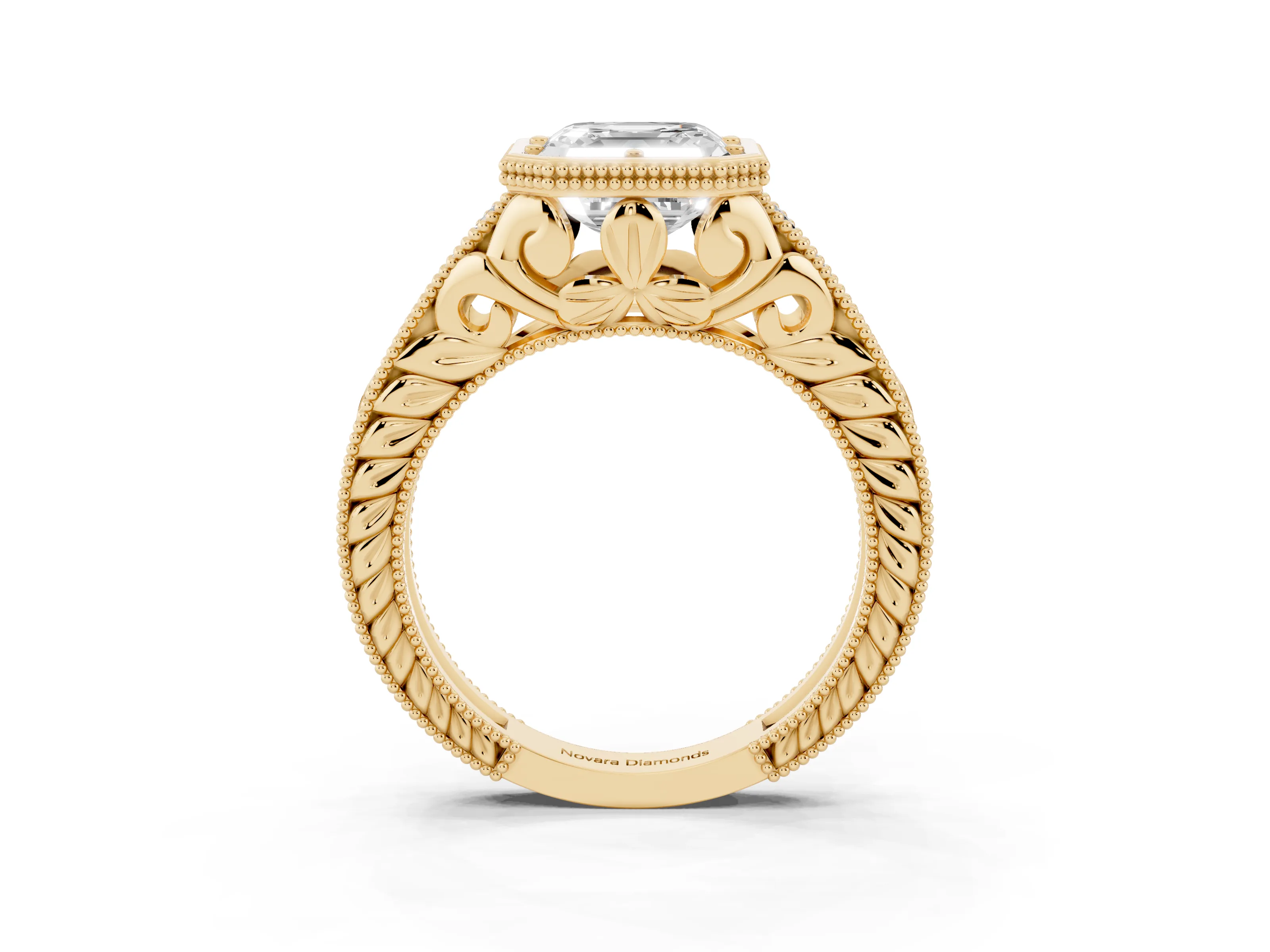 Bezel Set Asscher Cut Diamond Milgrain Pavé Engagement Ring Set in Yellow gold