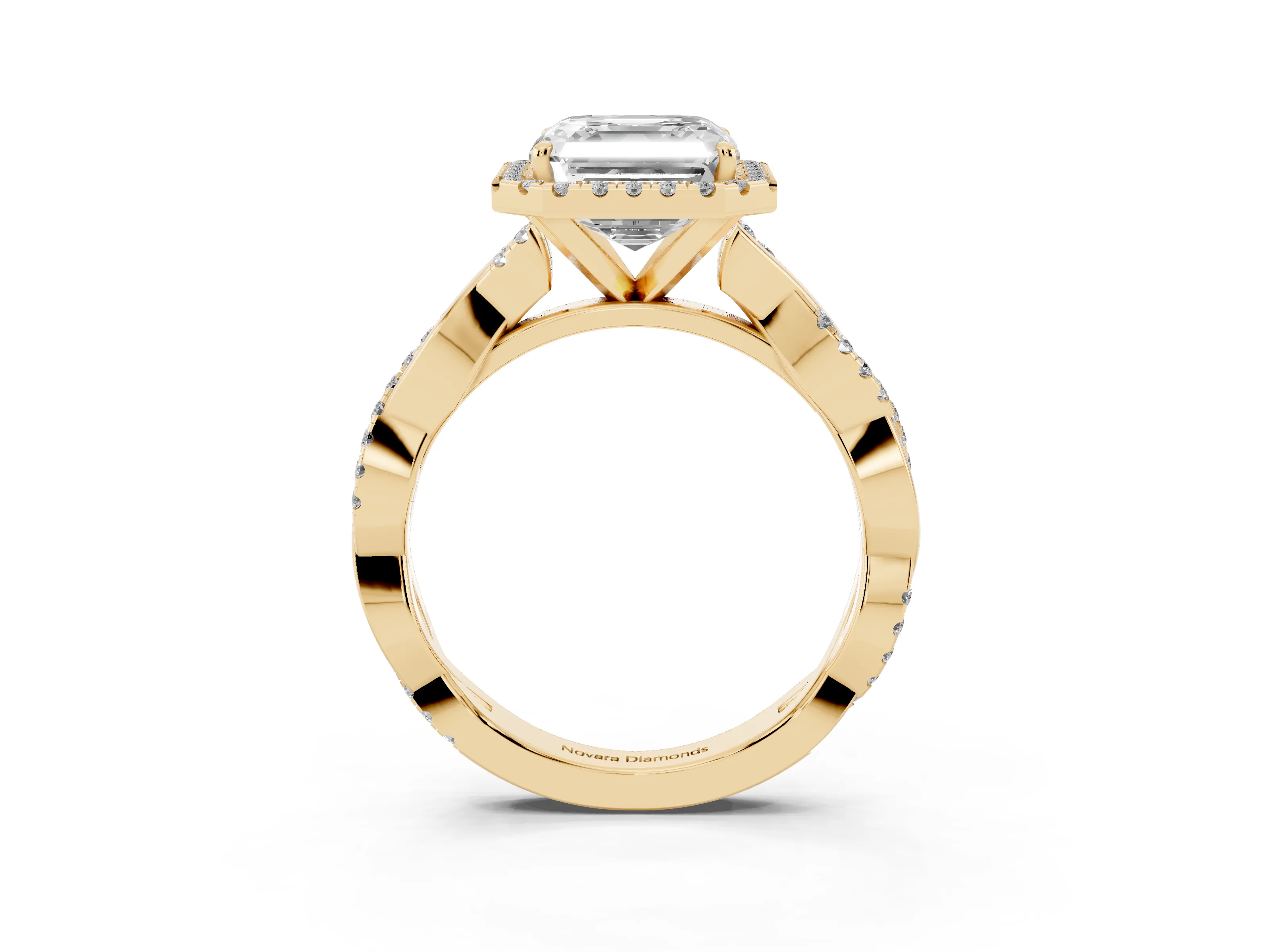 Asscher Cut Diamond Halo Twisted Band Ring Set in Yellow gold with Prong Setting